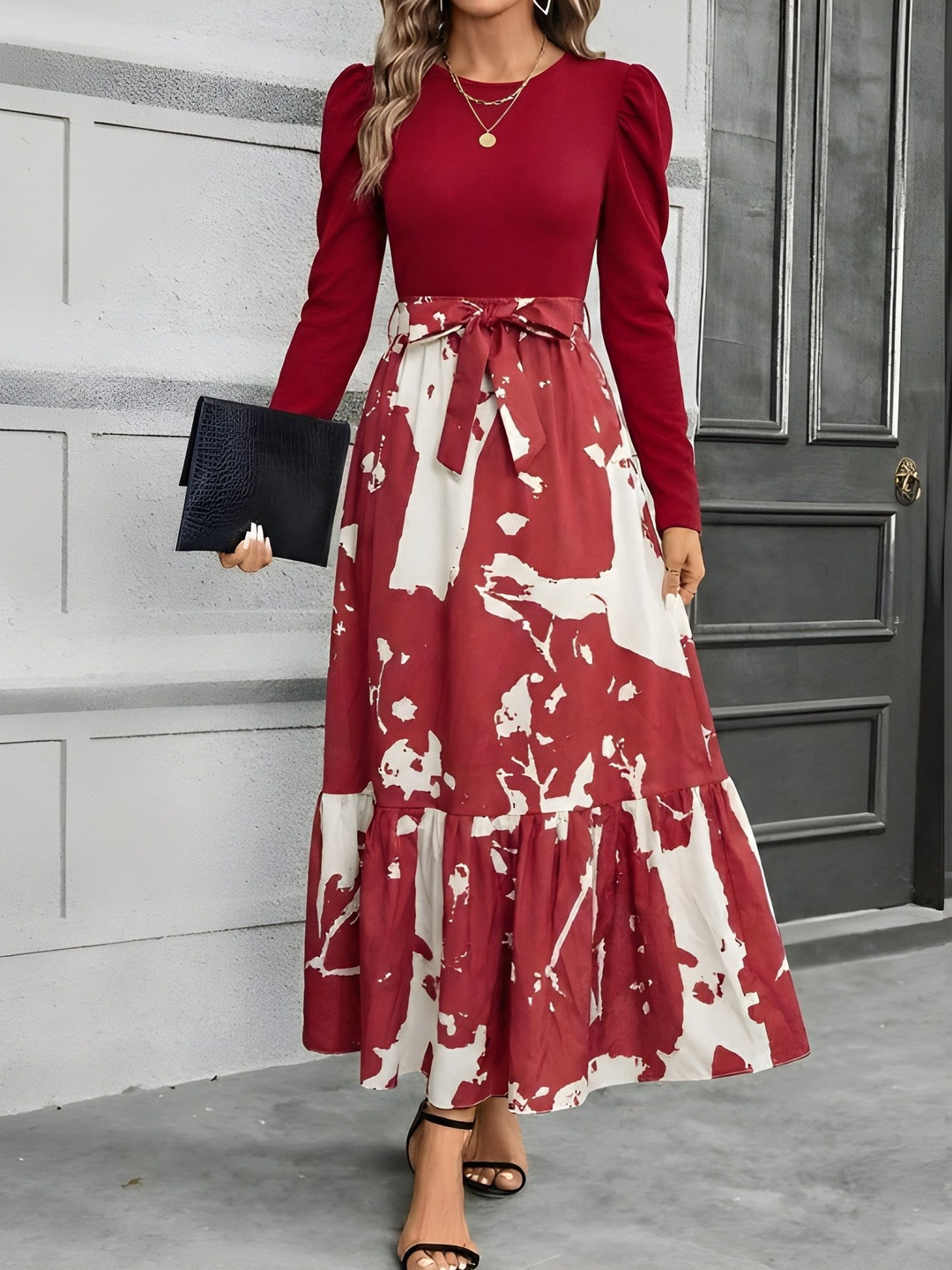 AmorLuxe Print Puff Sleeve Fit & Flare Maxi Dress