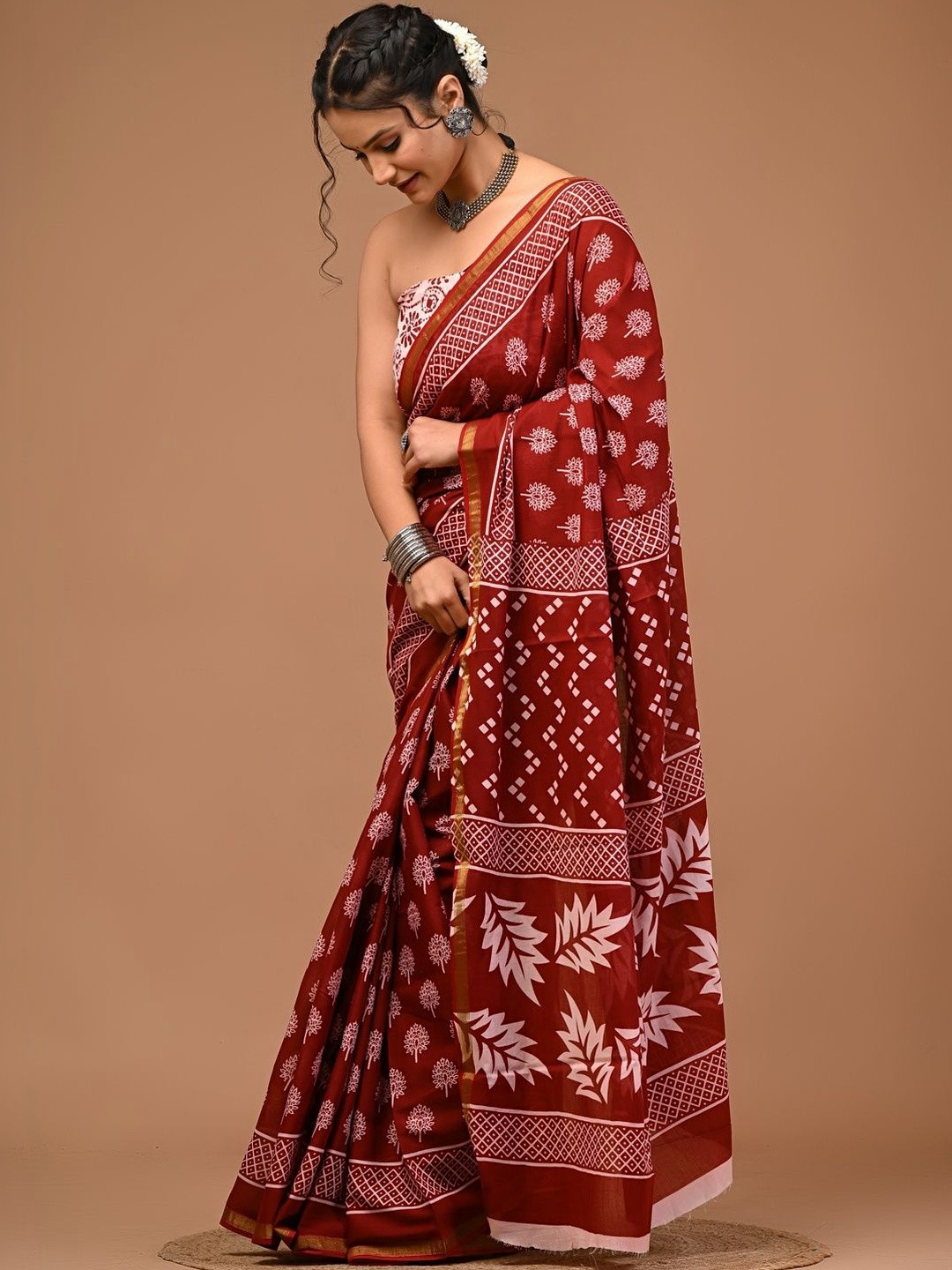 RAMNATHS Ethnic Motifs Pure Cotton Handloom Block Print Saree