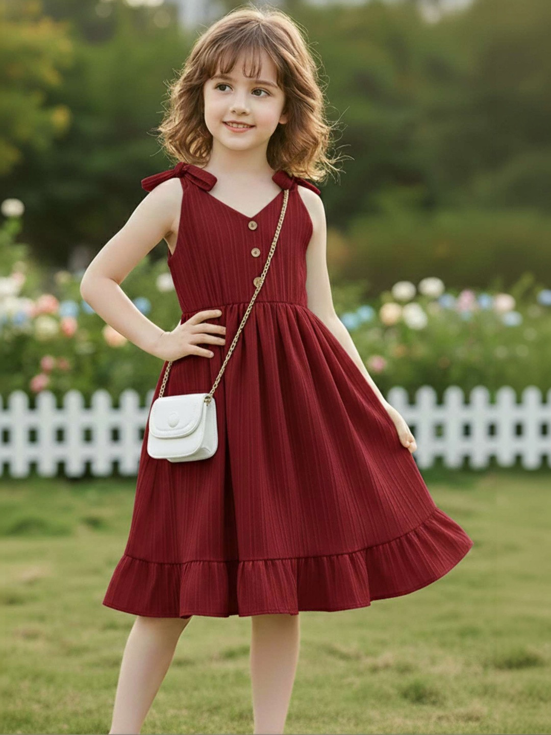MENSBIT Girls Self Design V-Neck A-Line Dress