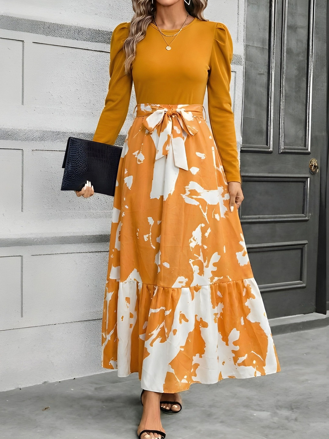 AmorLuxe Print Puff Sleeve A-Line Maxi Dress