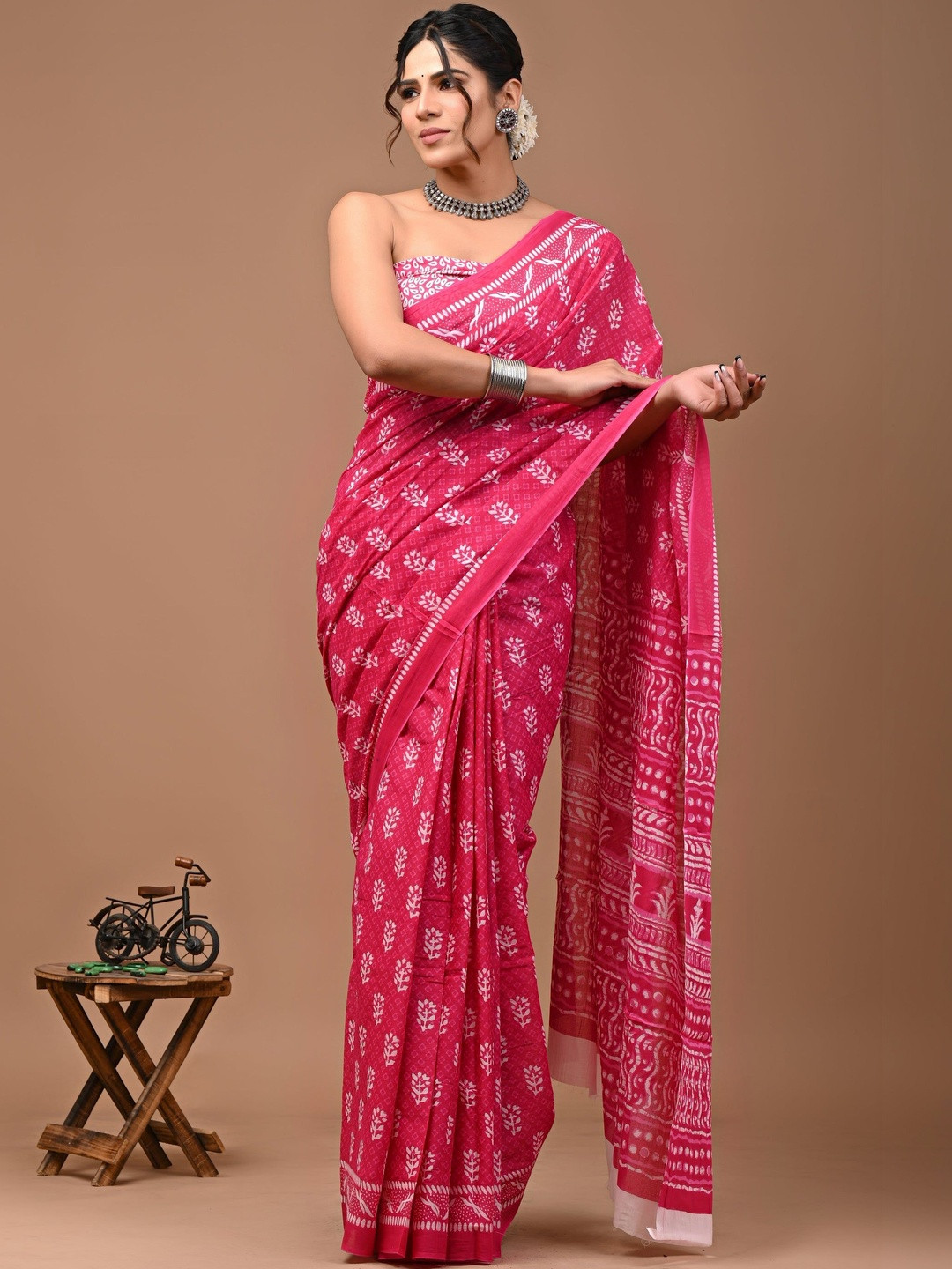 RAMNATHS Ethnic Motifs Pure Cotton Block Print Saree