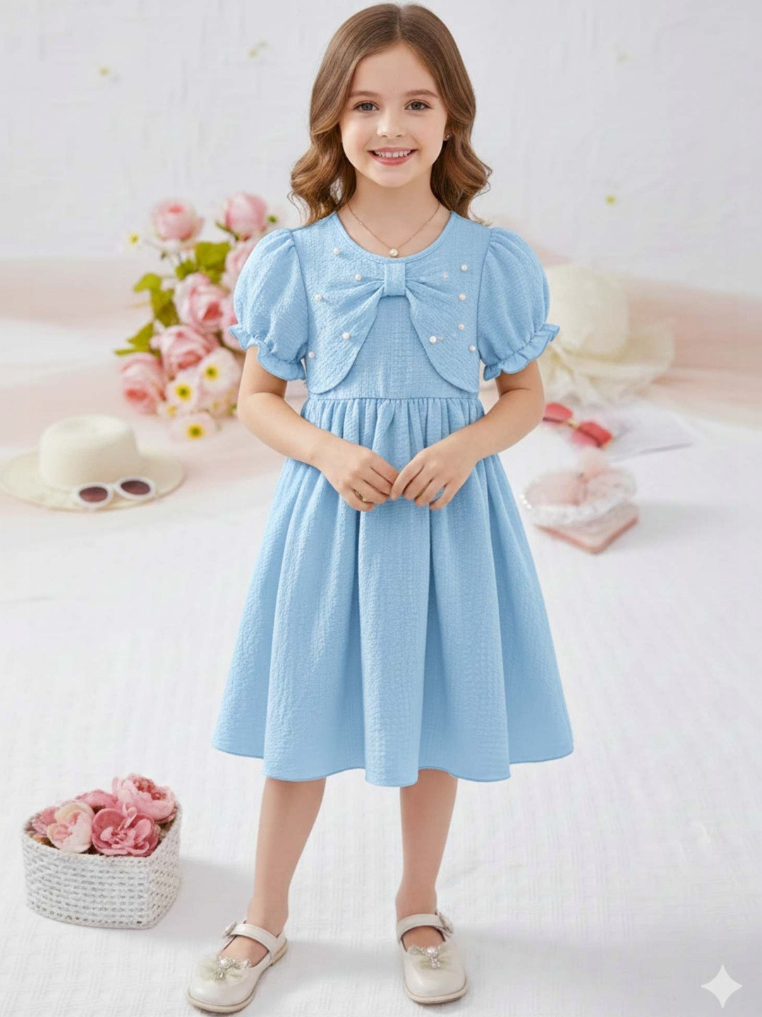 MENSBIT Girls Puff Sleeve A-Line Dress