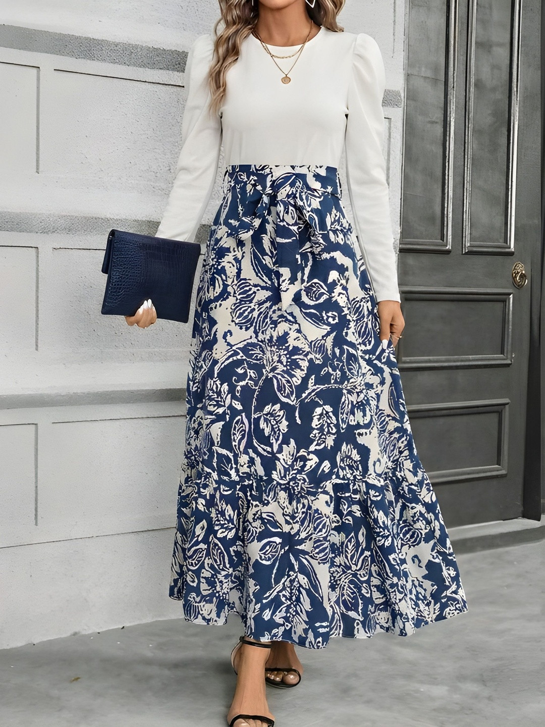 AmorLuxe Floral Print Puff Sleeve Ruffled Maxi Dress