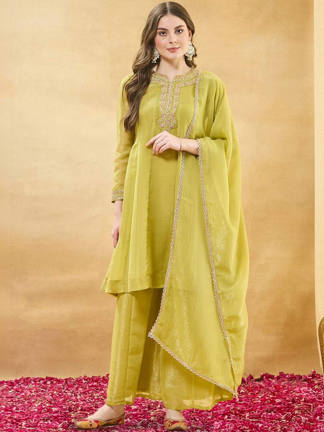 MOKOSH Women Silk Embroidered Anarkali Kurta With Palazzo And Dupatta Set