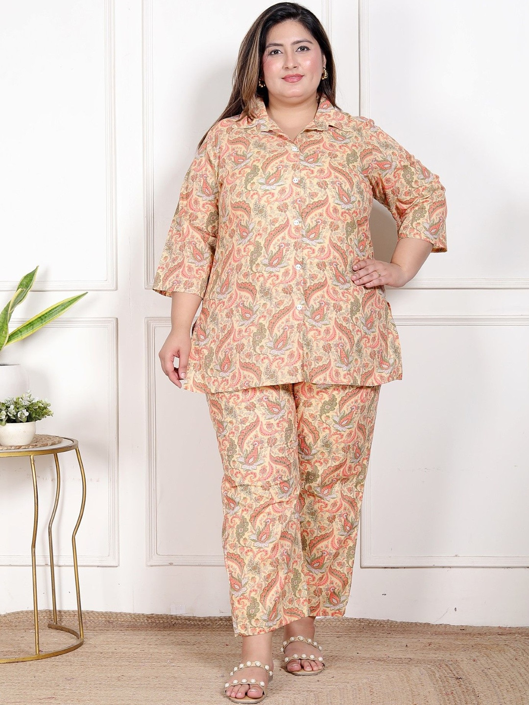 Sztori Floral Printed Pure Cotton Top With Pyjamas Co-Ords Set