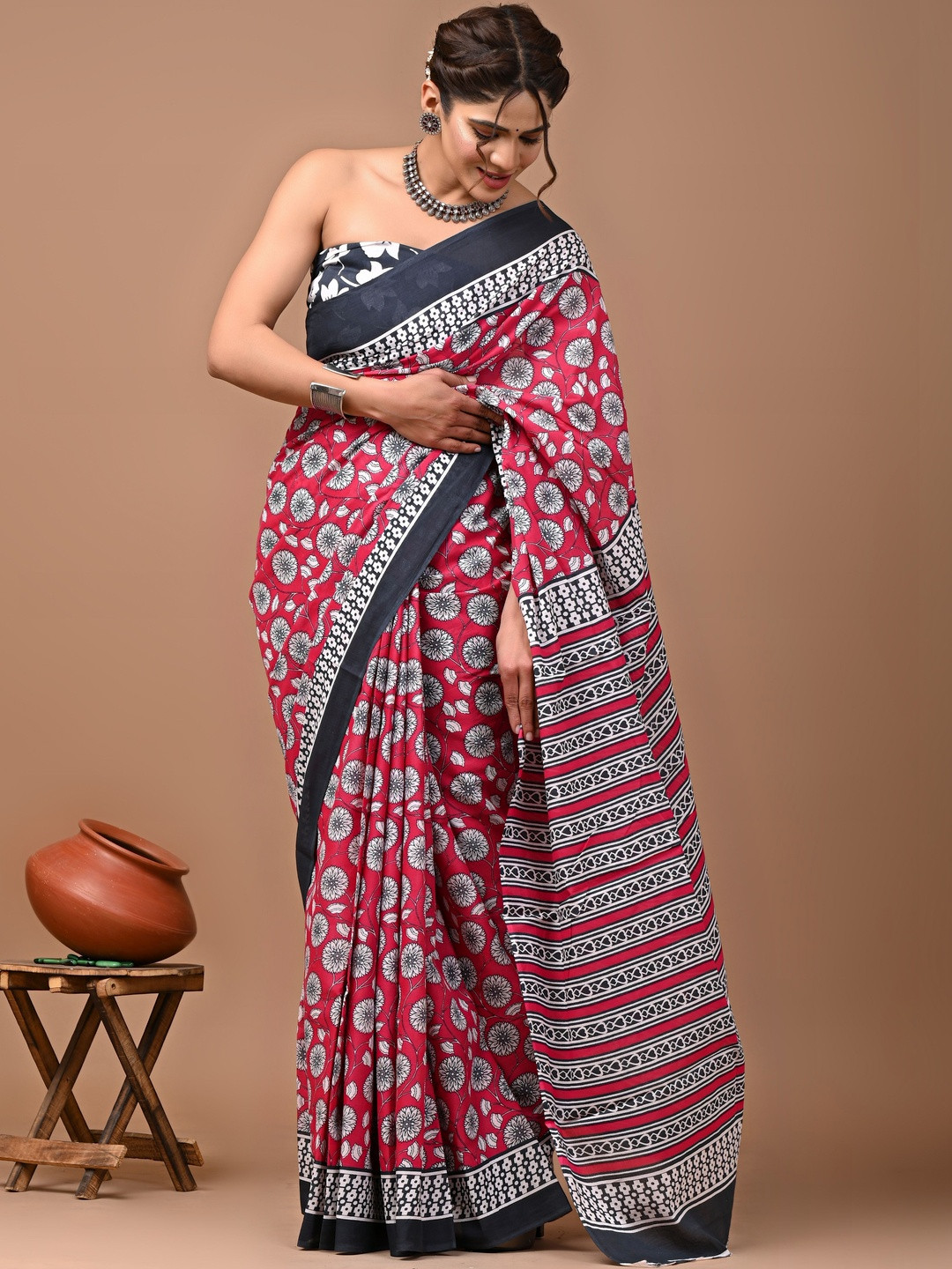 RAMNATHS Ethnic Motifs Pure Cotton Handloom Block Print Saree