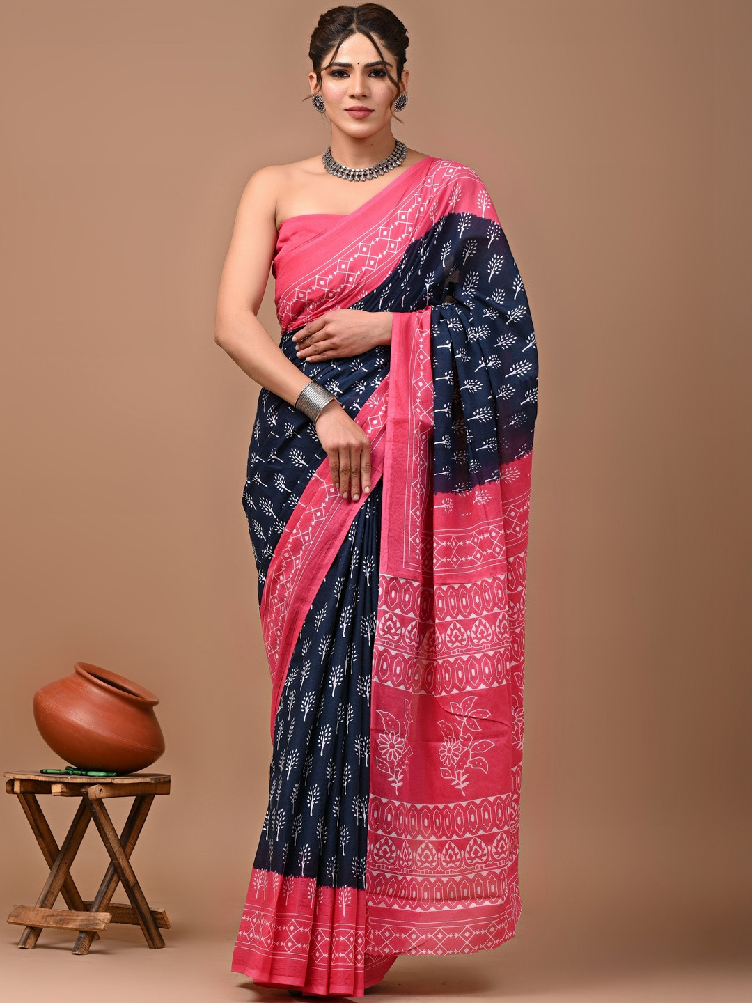 RAMNATHS Ethnic Motifs Pure Cotton Handloom Block Print Saree