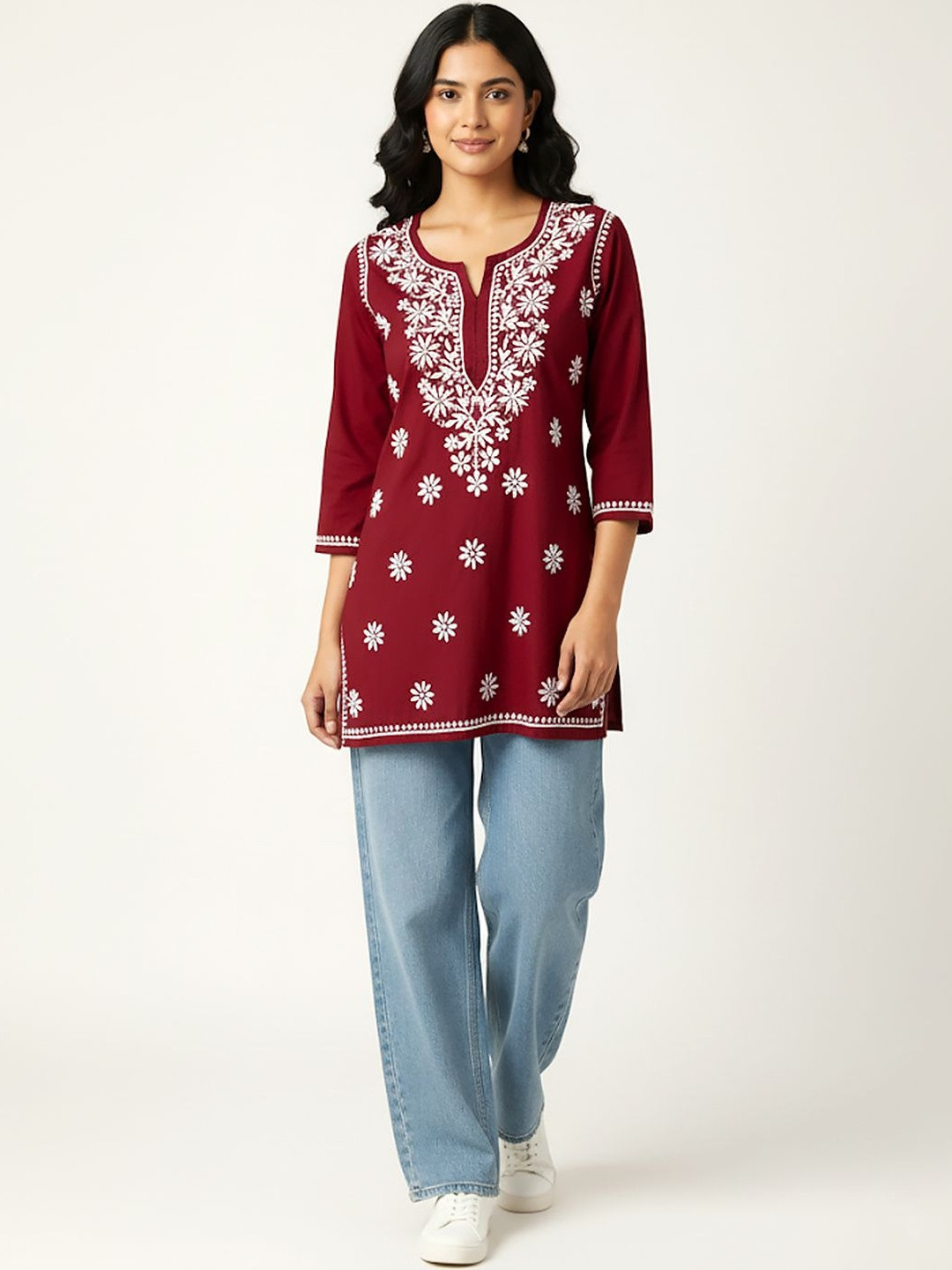 Echo Ethnic Floral Embroidered V-Neck Thread Work Pure Cotton Blend Thread Work Kurti