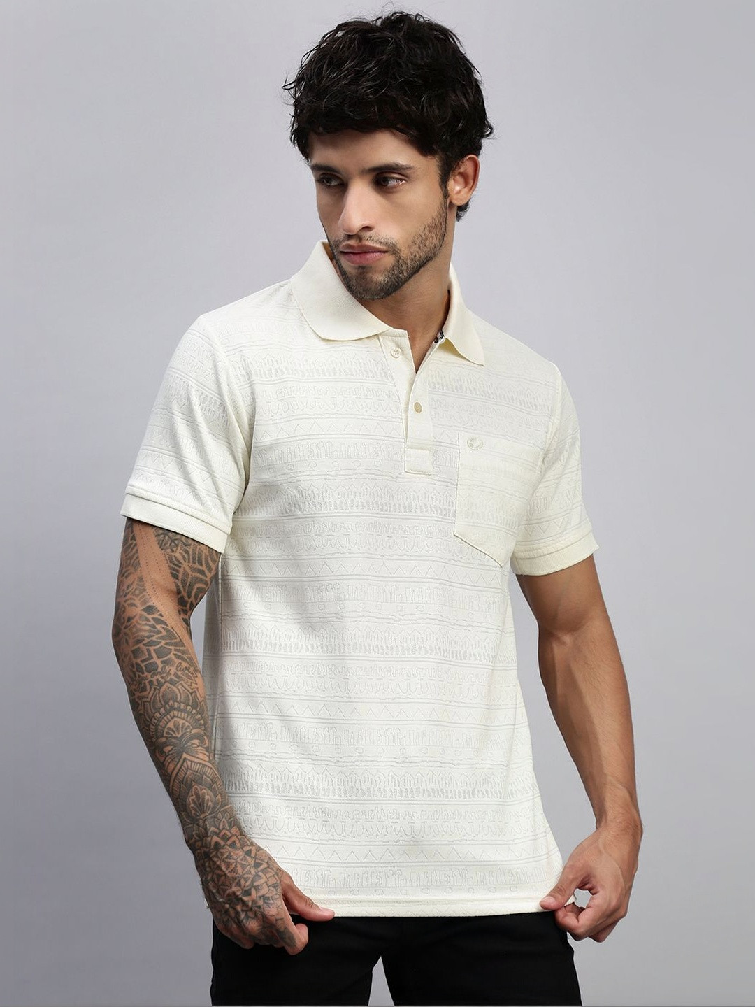 LUX NITRO Men Brasso Jacquard Textured Cotton Blend Pocket Polo T Shirt