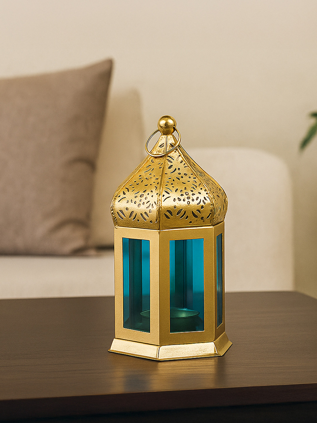 MARKET99 Gold-Toned & Blue Metal+Glass Moroccan Candle Holder
