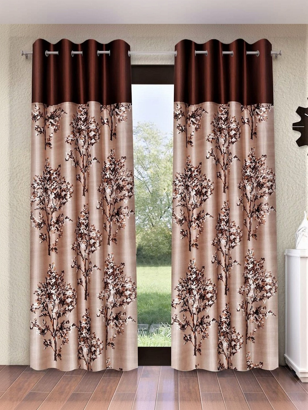 Phyto Home Brown & White Set of 2 Floral Room Darkening Door Curtain