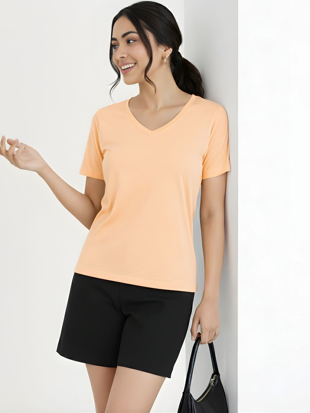 GlamZei Women Solid Cotton V-Neck Regular Fit Casual T-Shirts