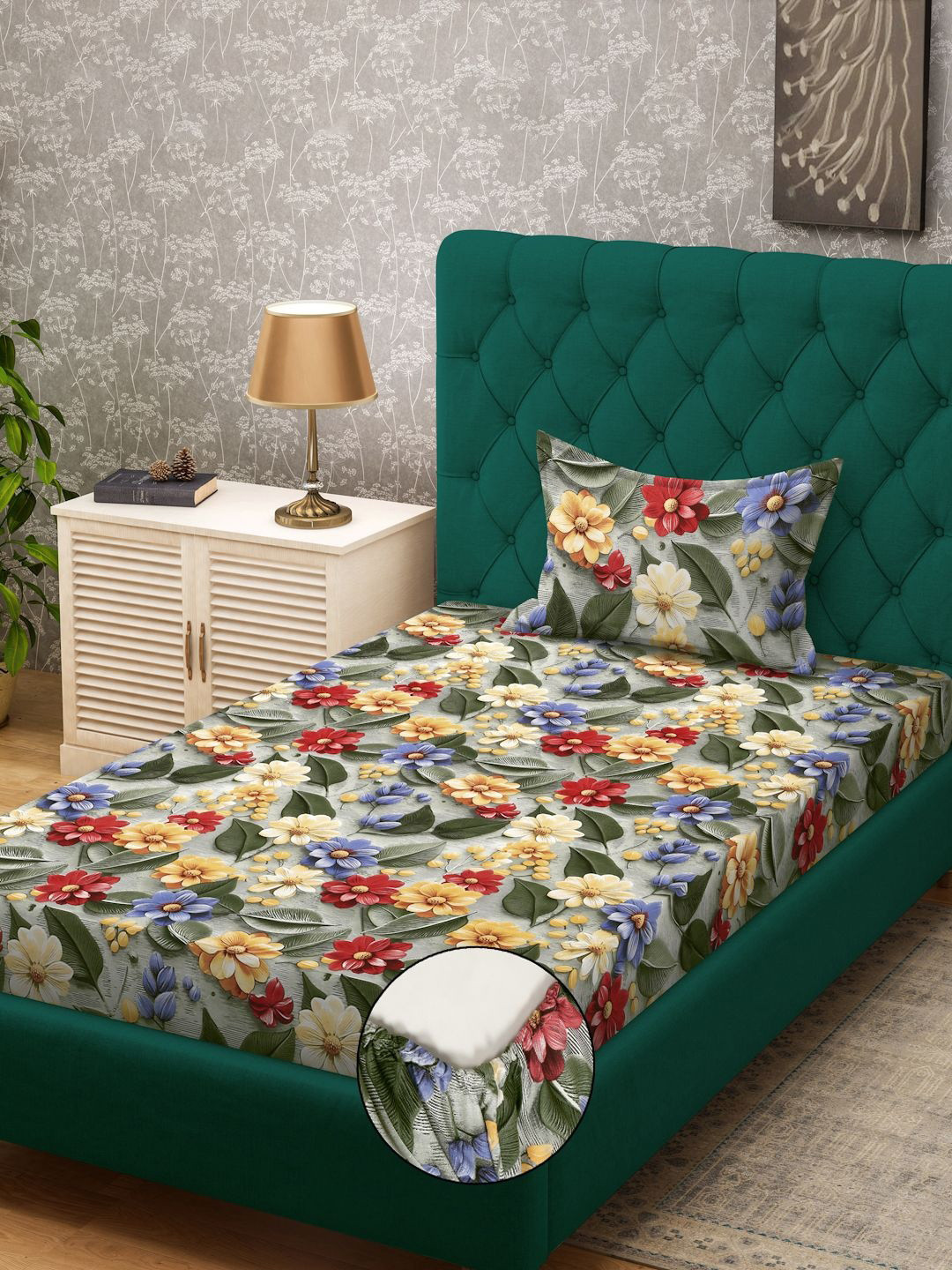Myntra Elegant Green Floral Printed Fitted 300 TC Single 7D Bedsheet & 1 Pillow Cover