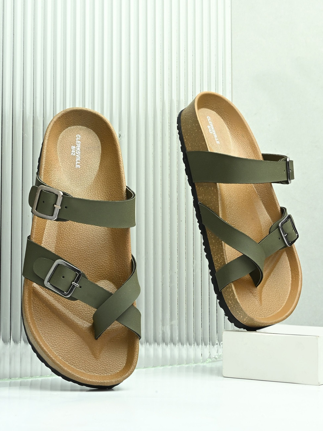 CLERKSVILLE Men Slip-On Open Toe Casual Sandals with Lightweight Grip Sole & PU Footbed