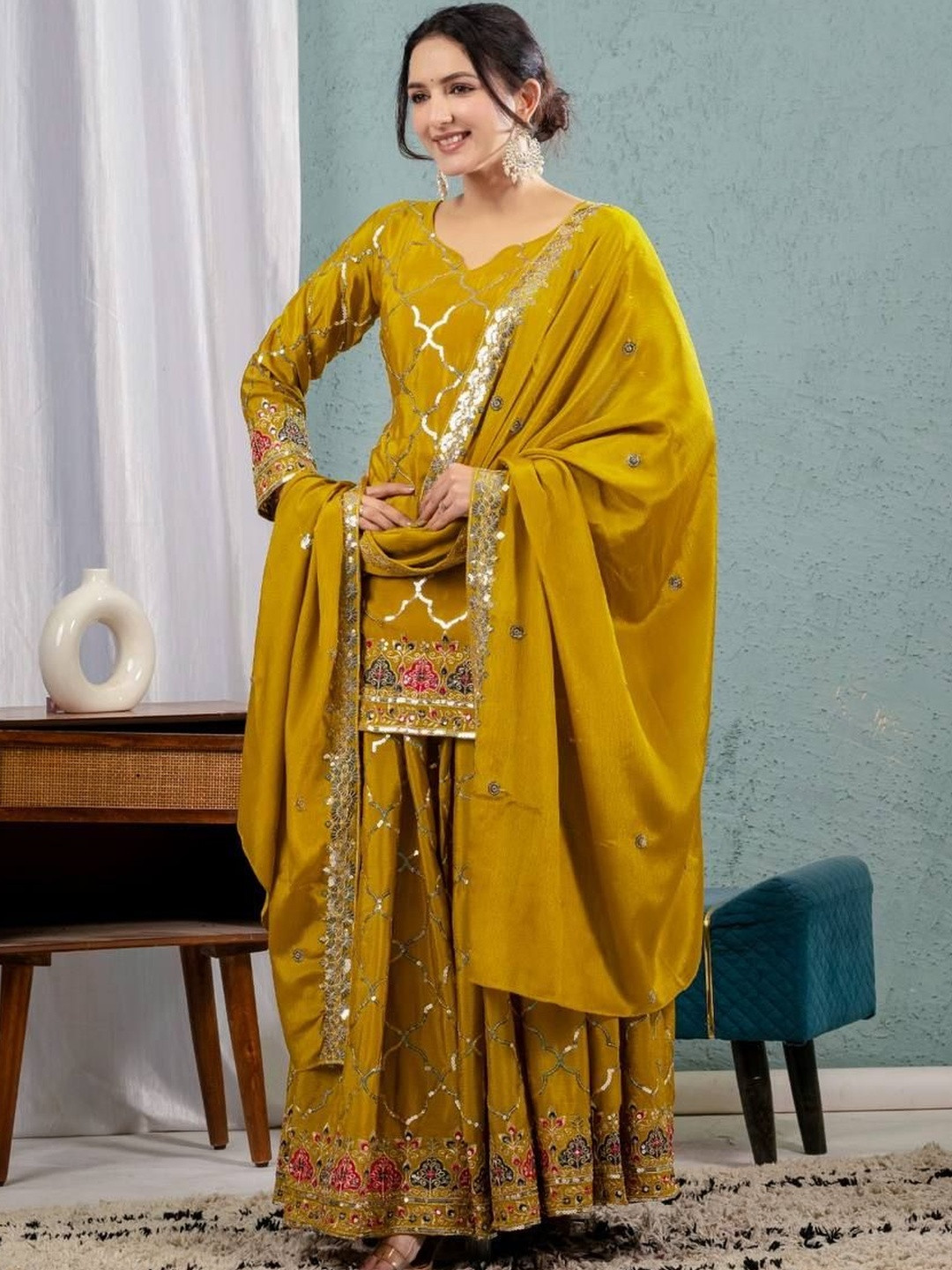 LH ENTERPRISE Women Ethnic Motifs Embroidered Regular Gotta Patti Kurta with Sharara & With Dupatta