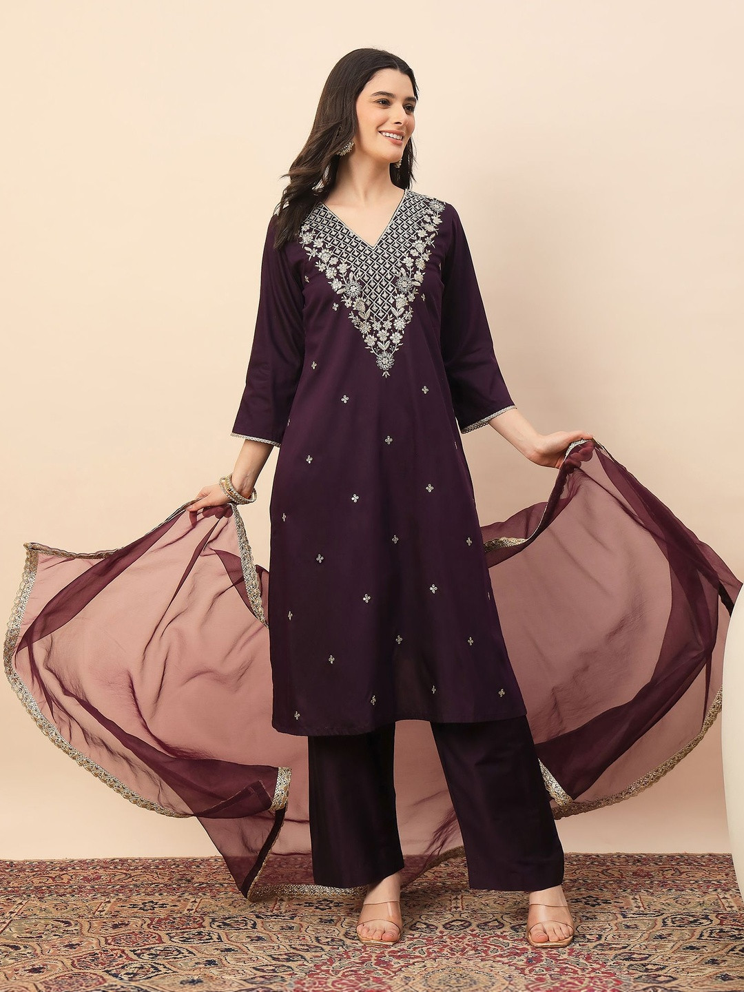 House of Pataudi Embroidered V-Neck Straight Kurta & Trousers With Dupatta