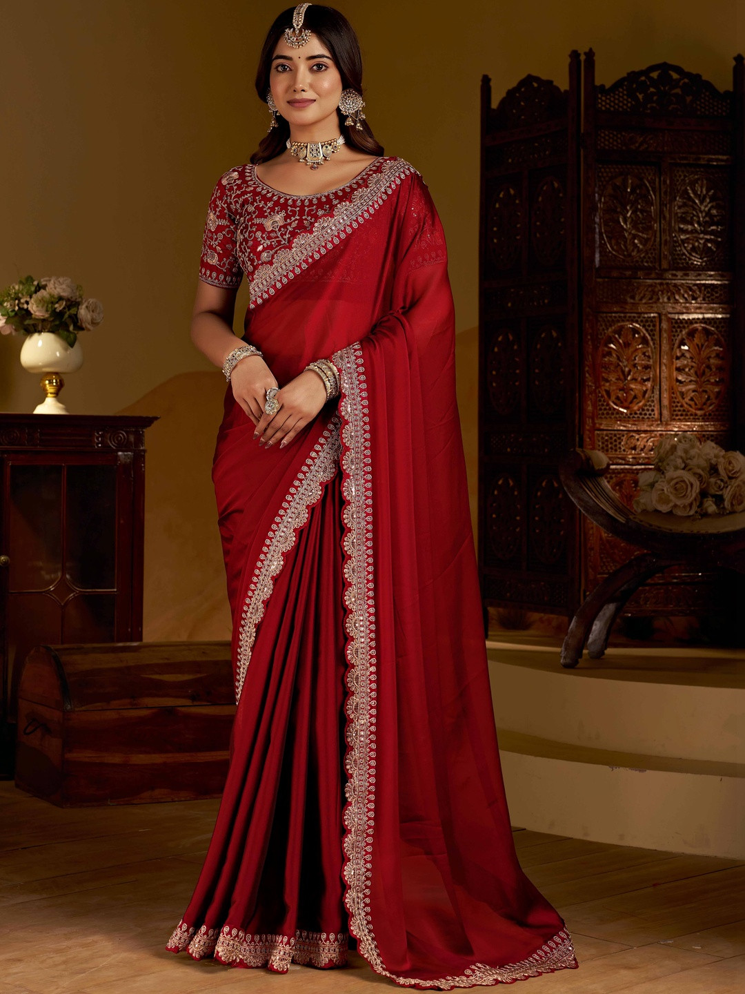 RAAG VARNAM Maroon Rangoli Silk Saree with Heavy Embroidery Work