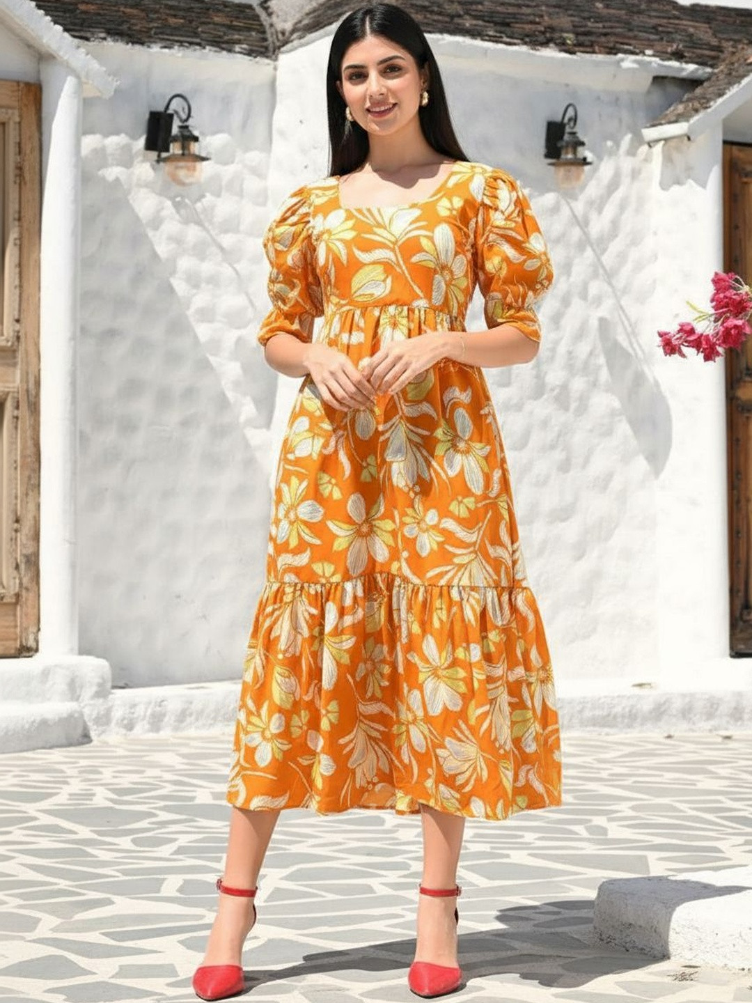 Moda Rapido Floral Print Puff Sleeve A-Line Midi Dress