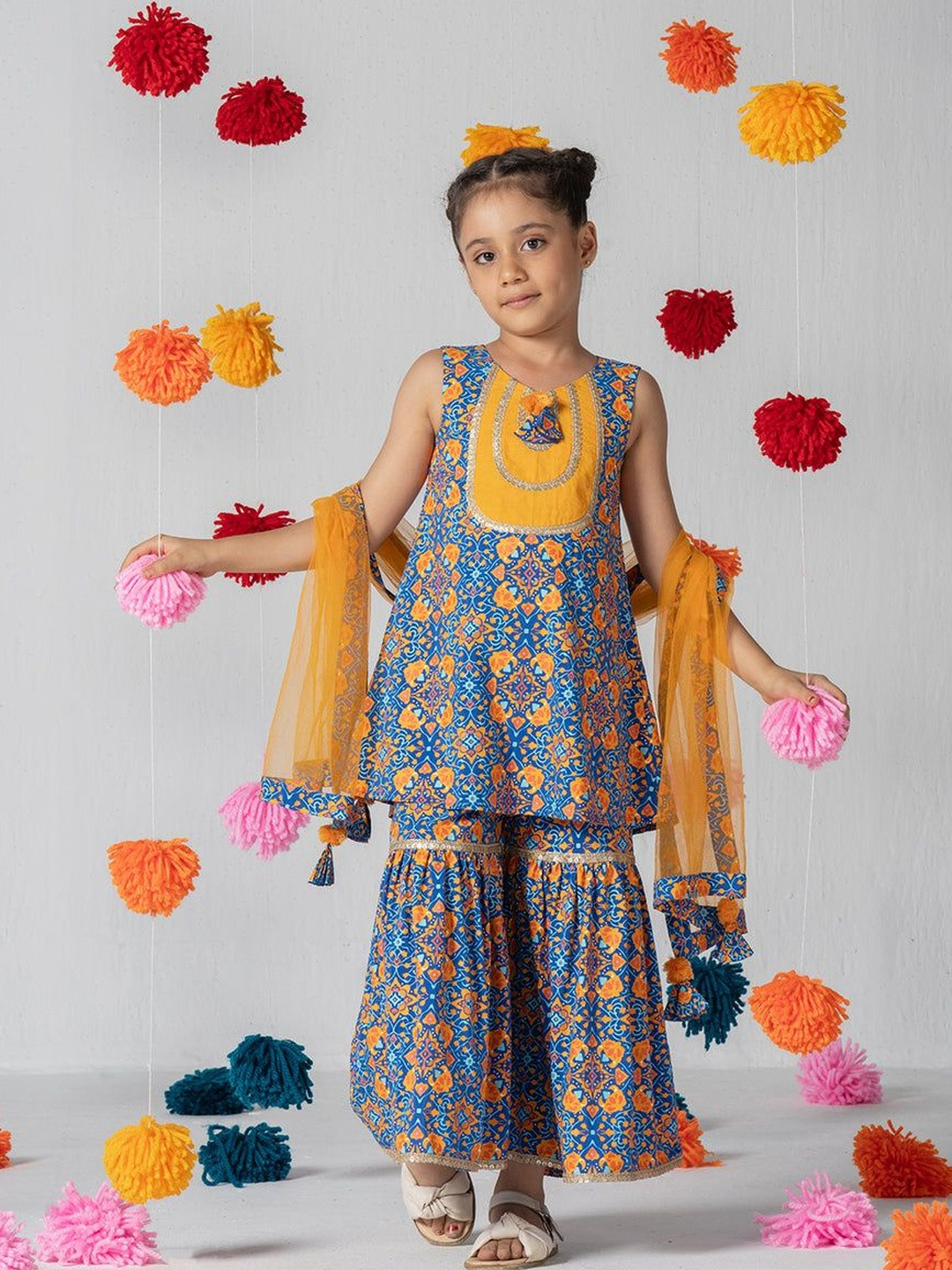Sangria Girls Printed Round Neck Kurta & Sharara with Dupatta