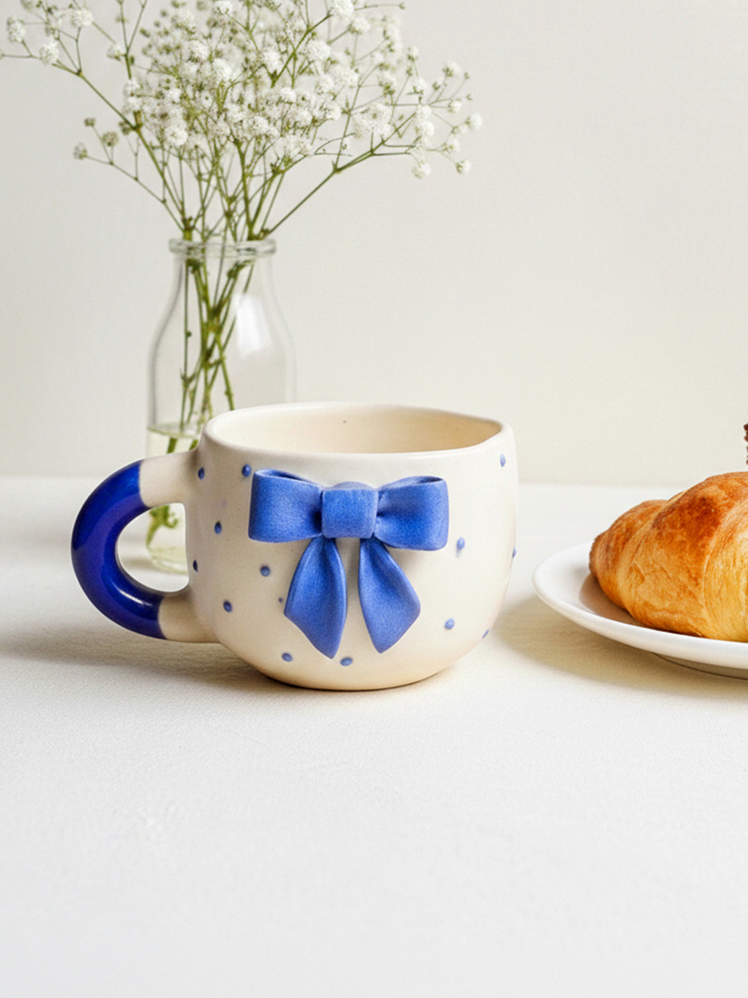 CLAYORA White & Blue Bow Polka Dot Printed Ceramic Glossy Mug