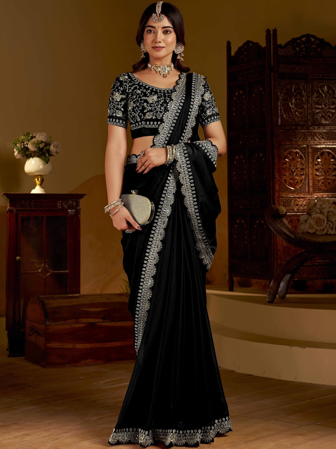 RAAG VARNAM Black Rangoli Silk Saree with Heavy Embroidery Work