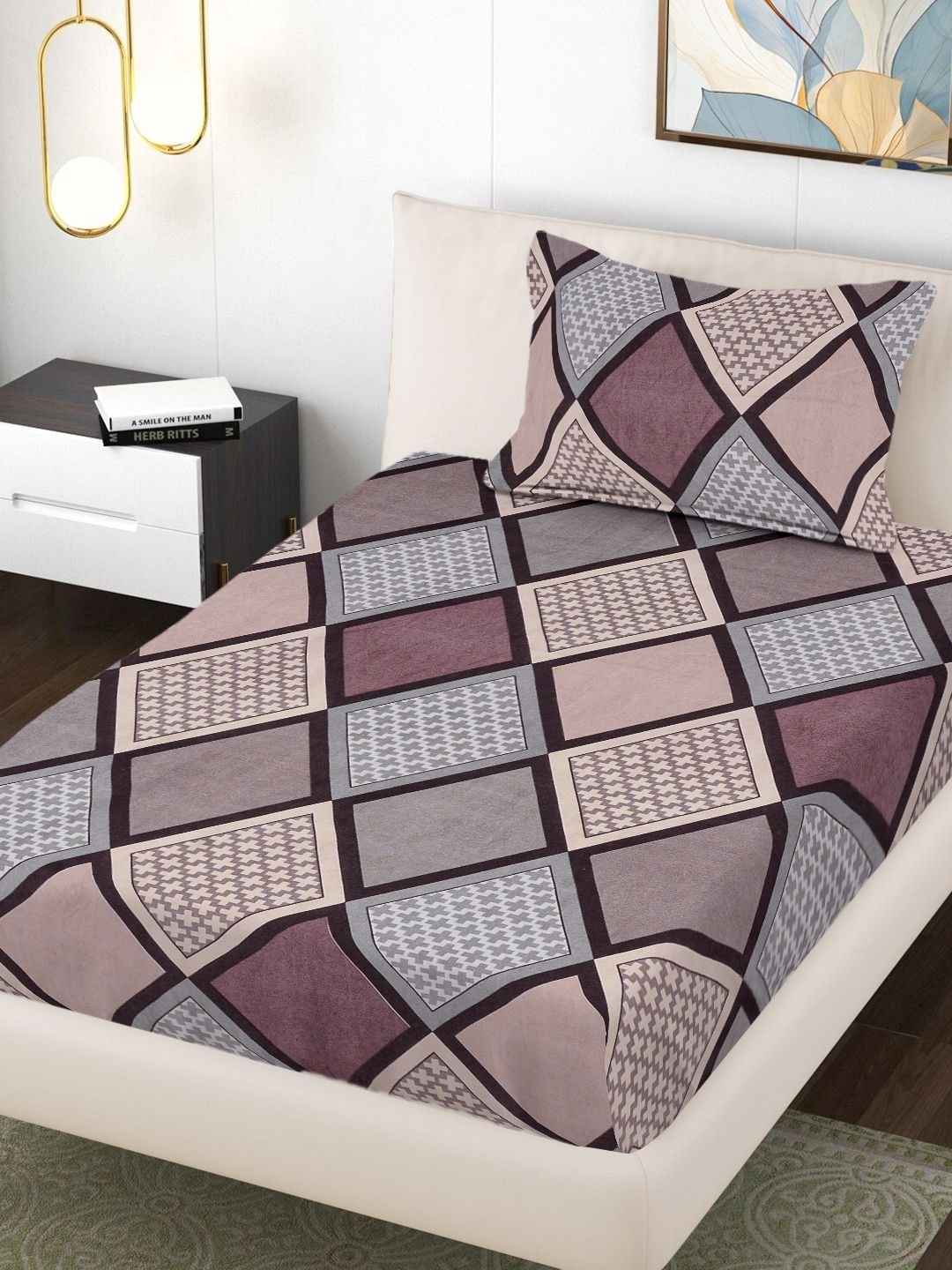 FABINALIV Multicoloured Geometric Single Bedsheet with 1 Pillow Covers