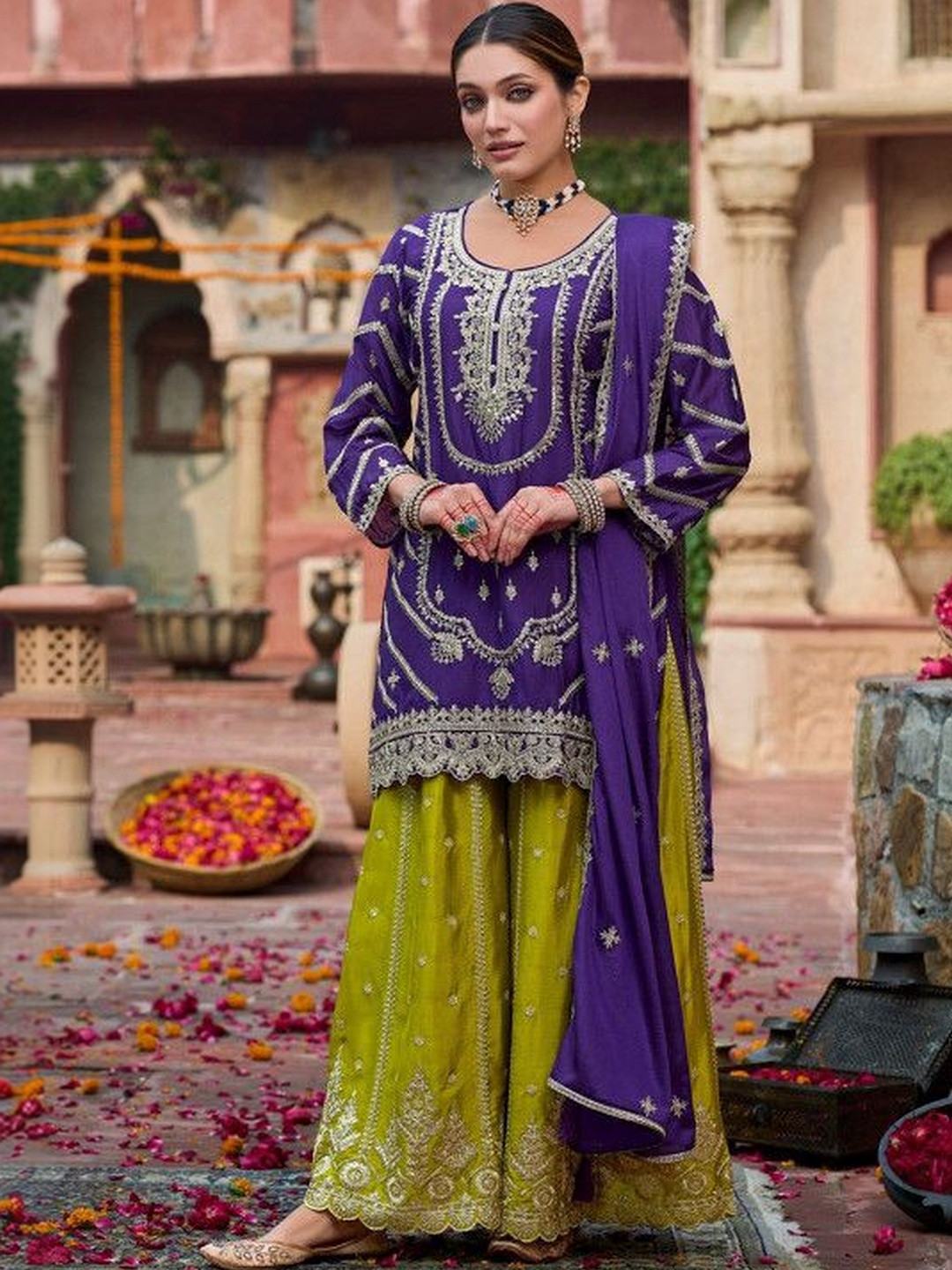 LH ENTERPRISE Women Ethnic Motifs Embroidered Regular Kurta with Palazzos & With Dupatta