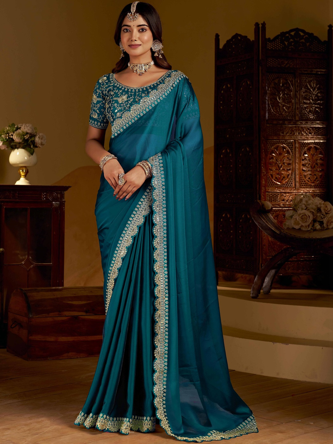 RAAG VARNAM Rama Green Rangoli Silk Saree with Heavy Embroidery Work