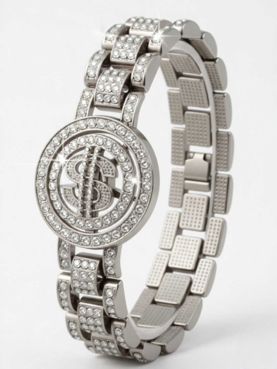 RAPPERSSHOP Men Cubic Zirconia Silver-Plated Link Bracelet