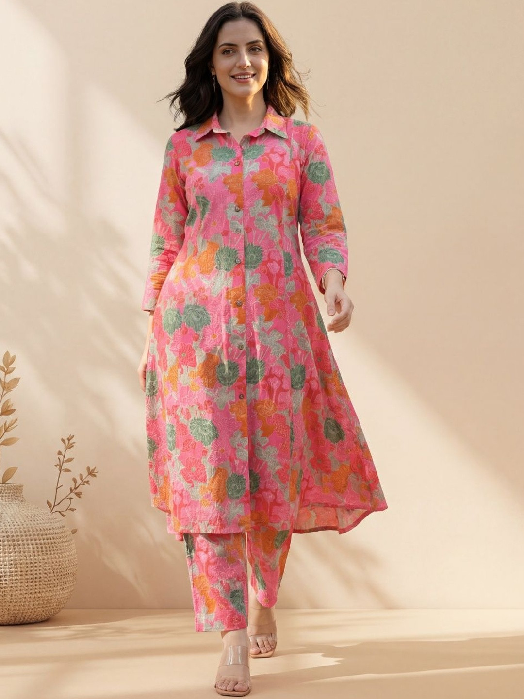 LARISHA Pink Floral Tunic & Trousers Set