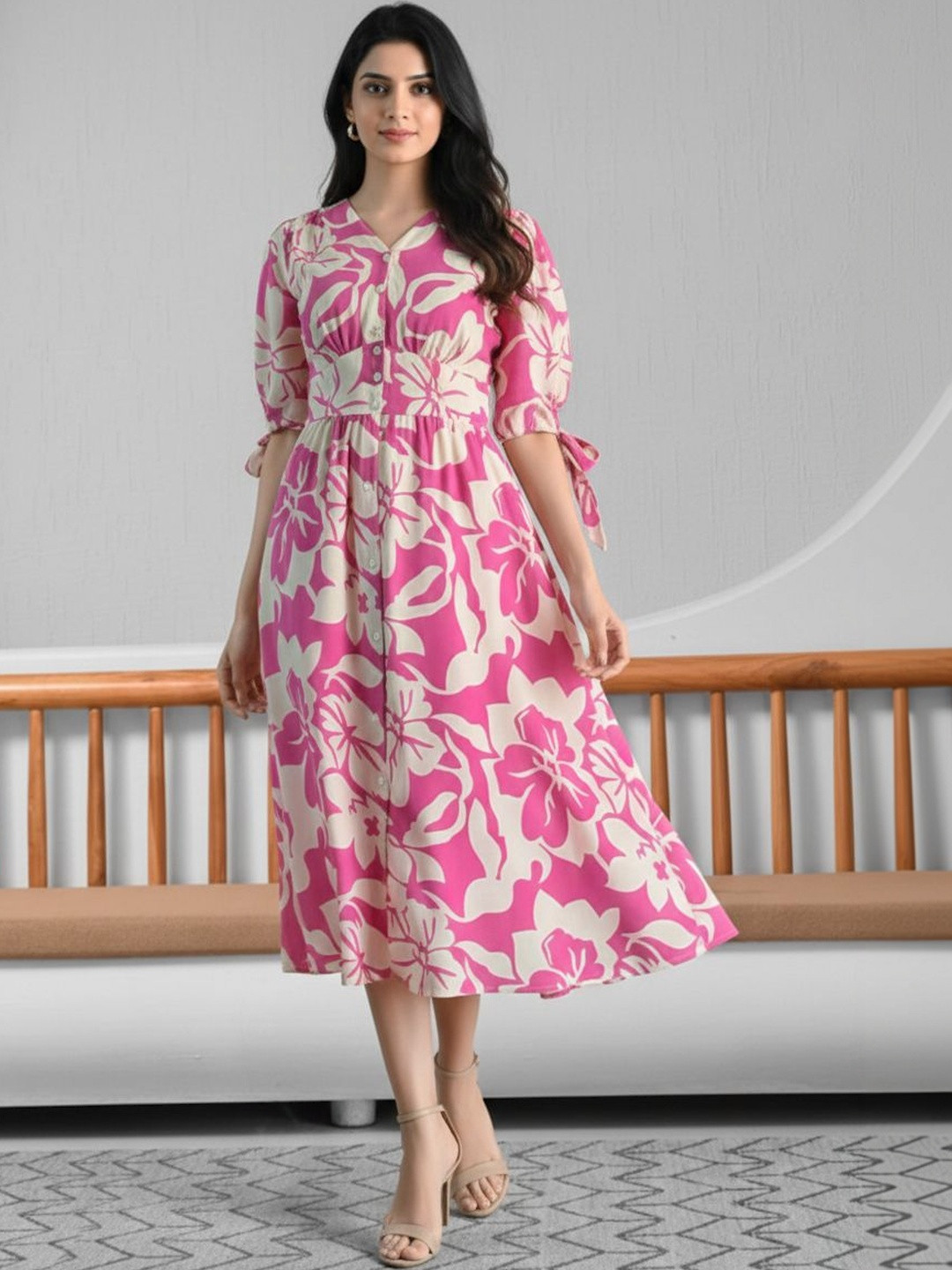 Moda Rapido Floral Print Puff Sleeve Crepe Fit & Flare Midi Dress