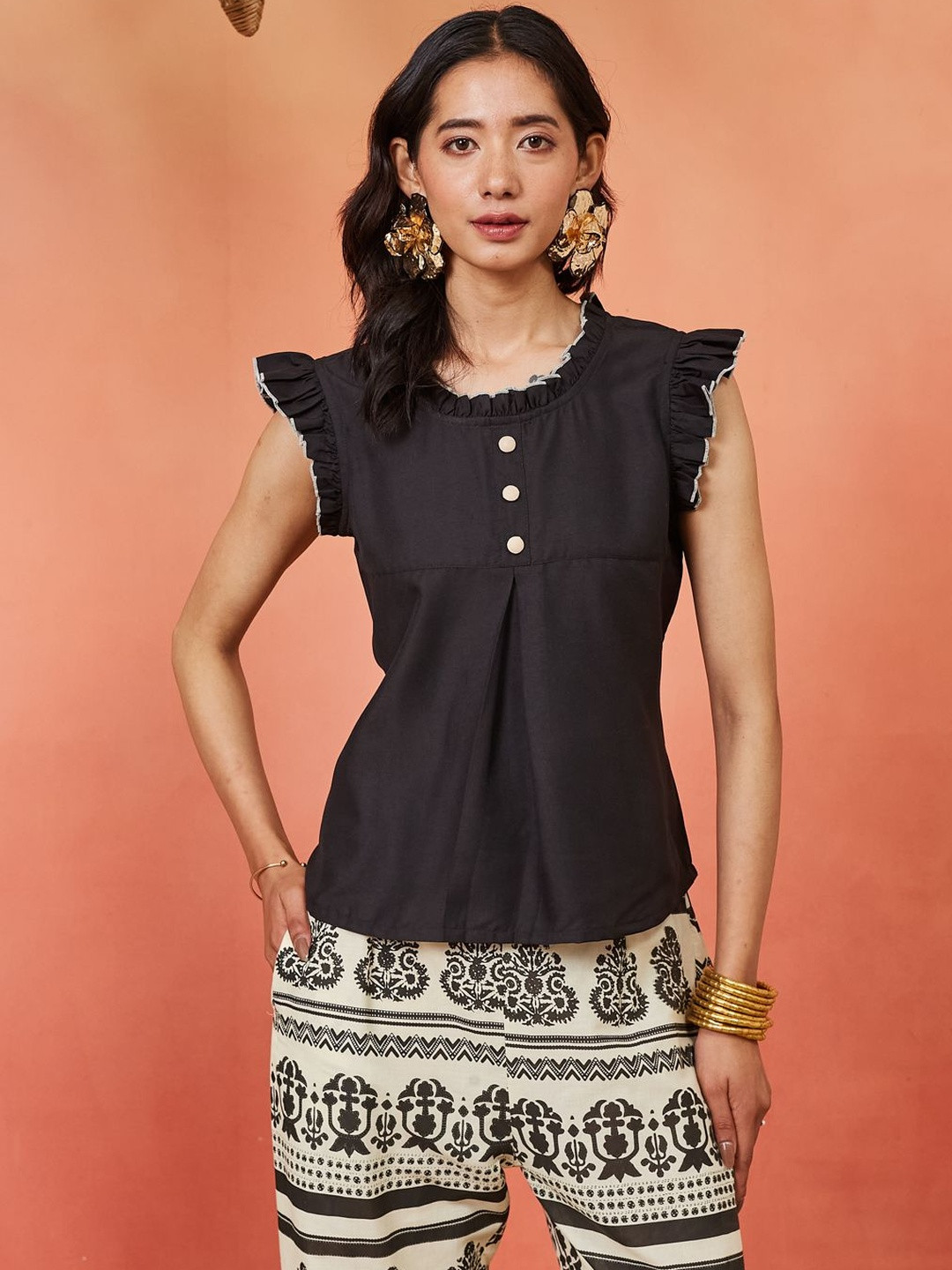 Sangria FUZN Puff Sleeve Ruffles Cotton Blend Top