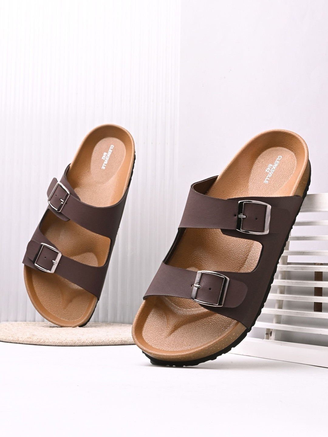 CLERKSVILLE Men Slip-On Casual Sandals with Open Toe PU Footbed & Grip Sole