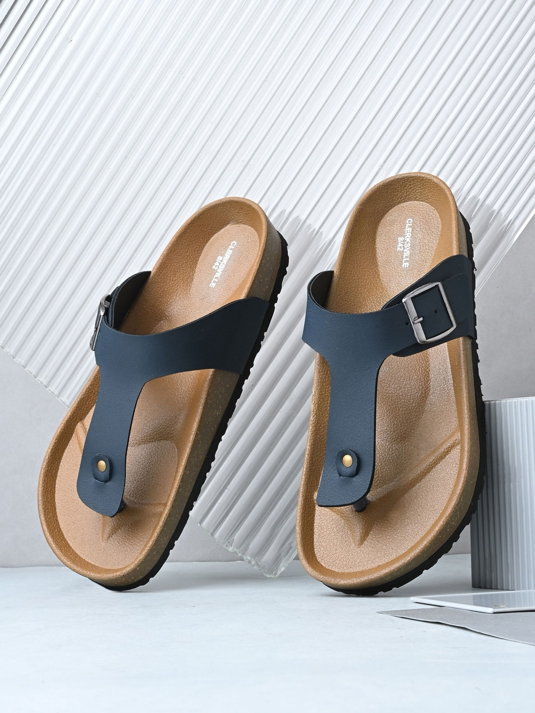 CLERKSVILLE Men Slip-On Open Toe Casual Sandals with PU Footbed & Arch Support