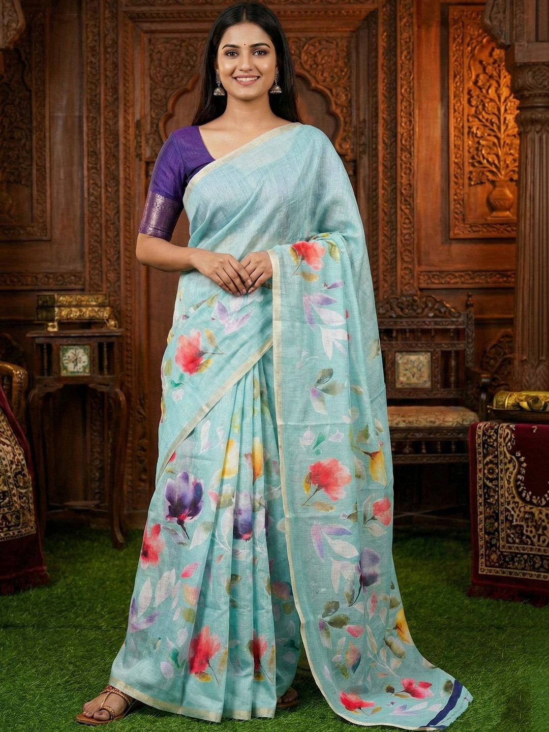 Mitera Floral Zari Pure Linen Saree