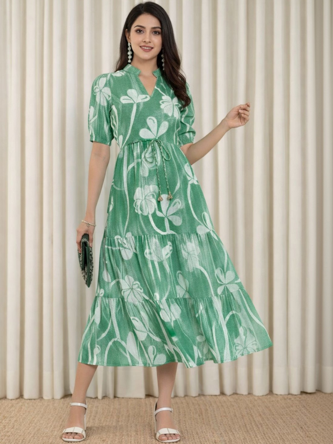 Moda Rapido Floral Print Puff Sleeve Crepe Fit & Flare Midi Dress