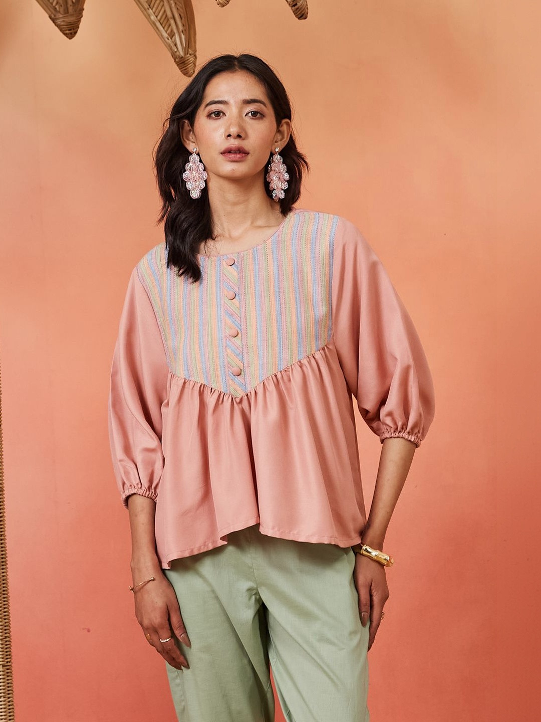 Sangria FUZN Striped Cotton Blend Top