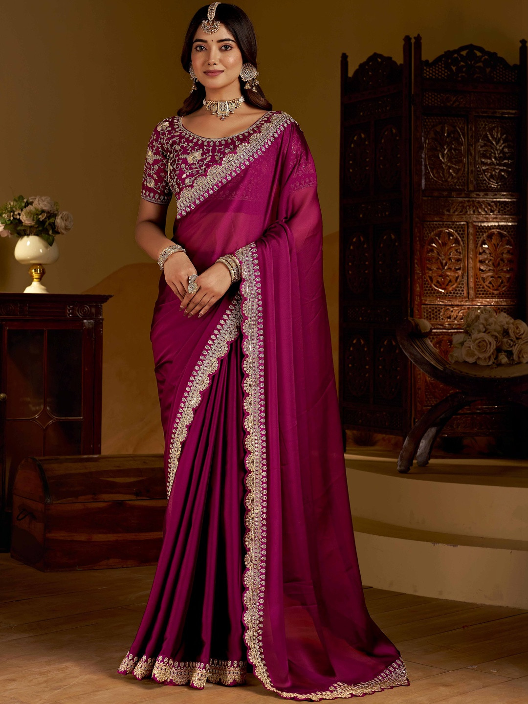 RAAG VARNAM Rani Pink Rangoli Silk Saree with Heavy Embroidery Work