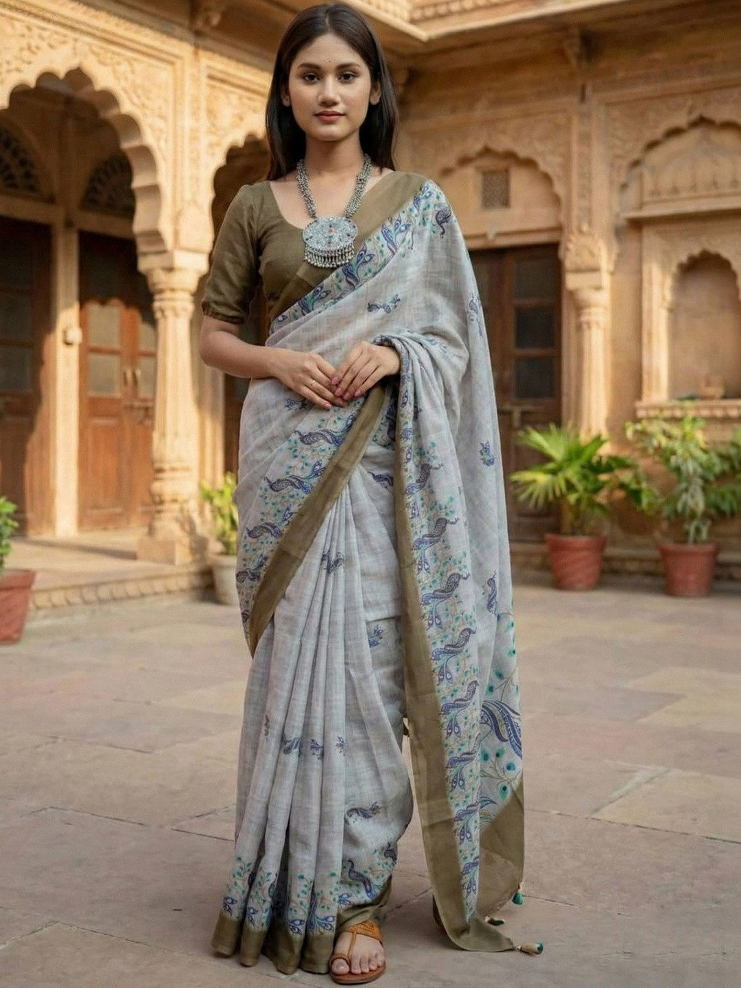Mitera Ethnic Motifs Silk Cotton Handloom Block Print Saree