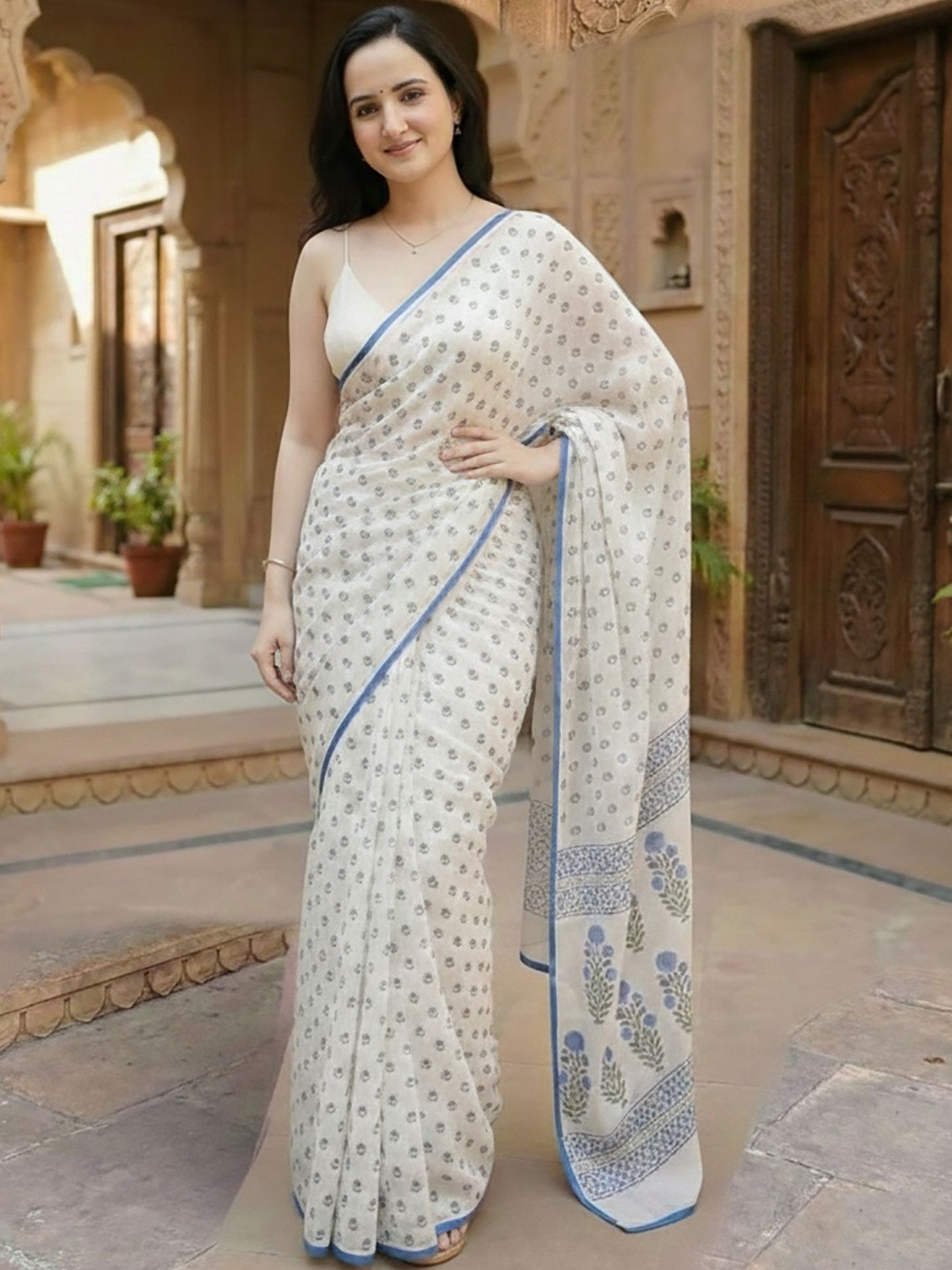 Mitera Ethnic Motifs Pure Cotton Handloom Block Print Saree