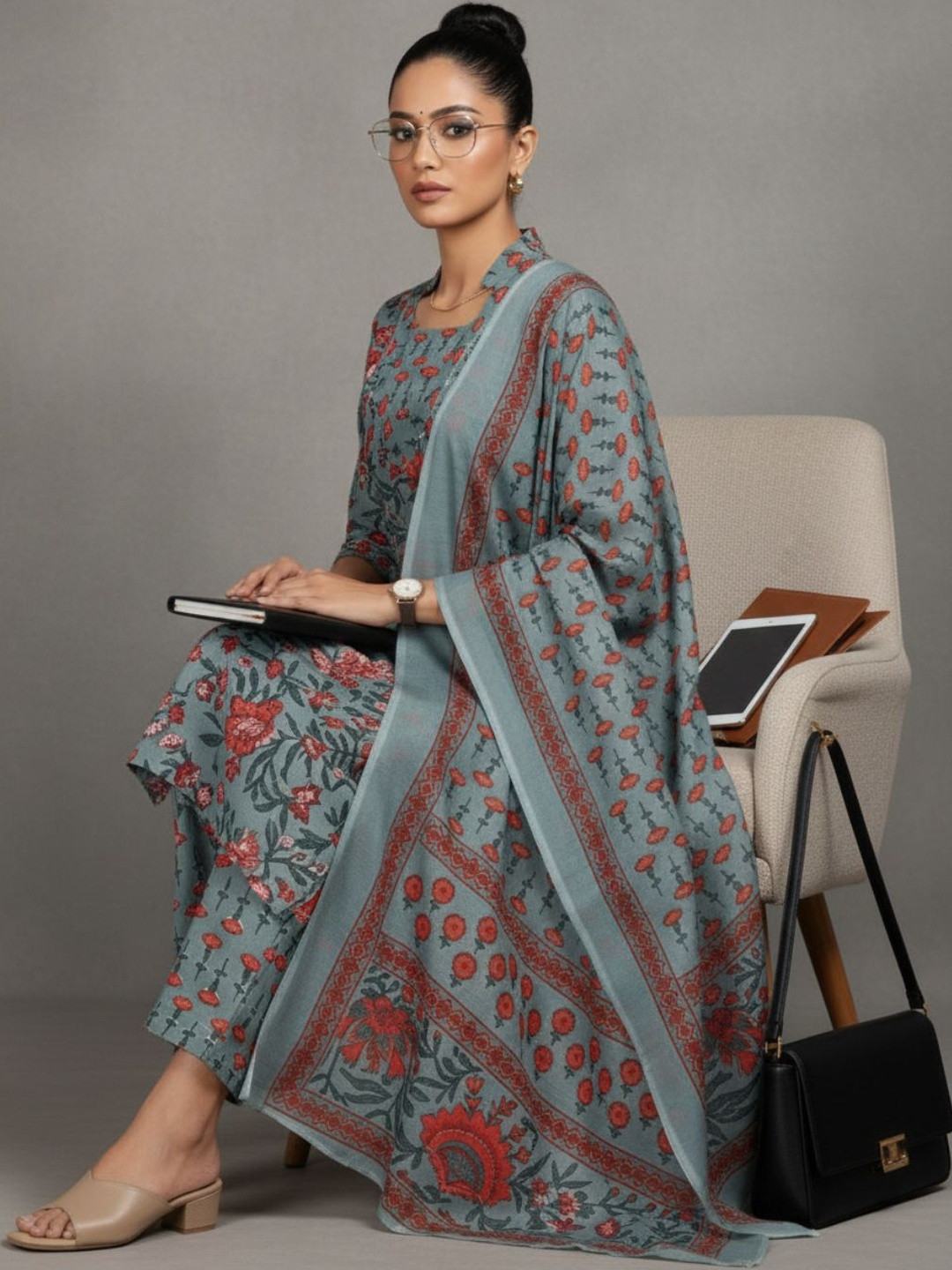 Navibhu Workwear Women Floral Printed Regular Pure Cotton Kurta with Trousers & With Dupatta