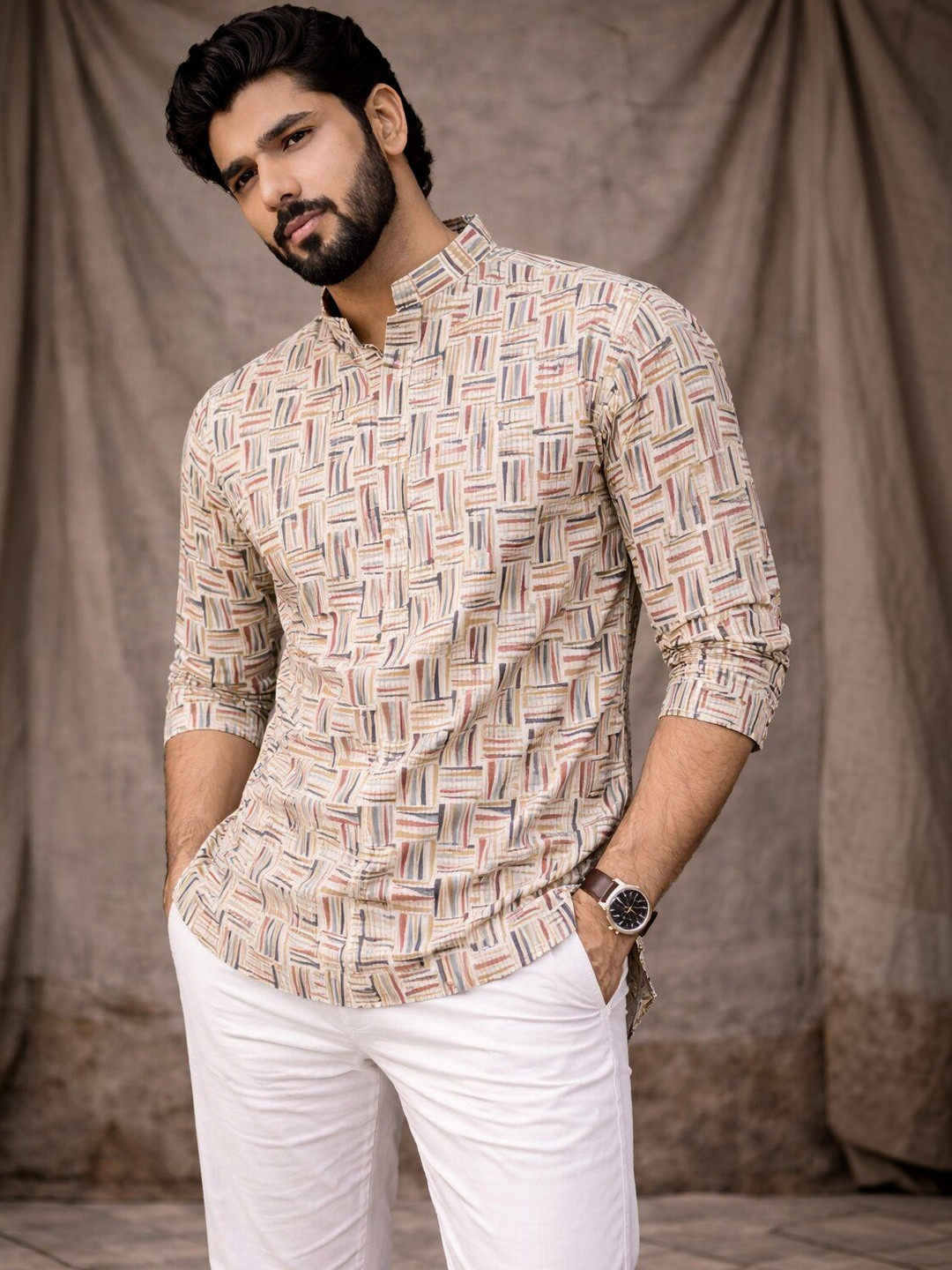 Rawayi Men Checked Mirror Work Kurta