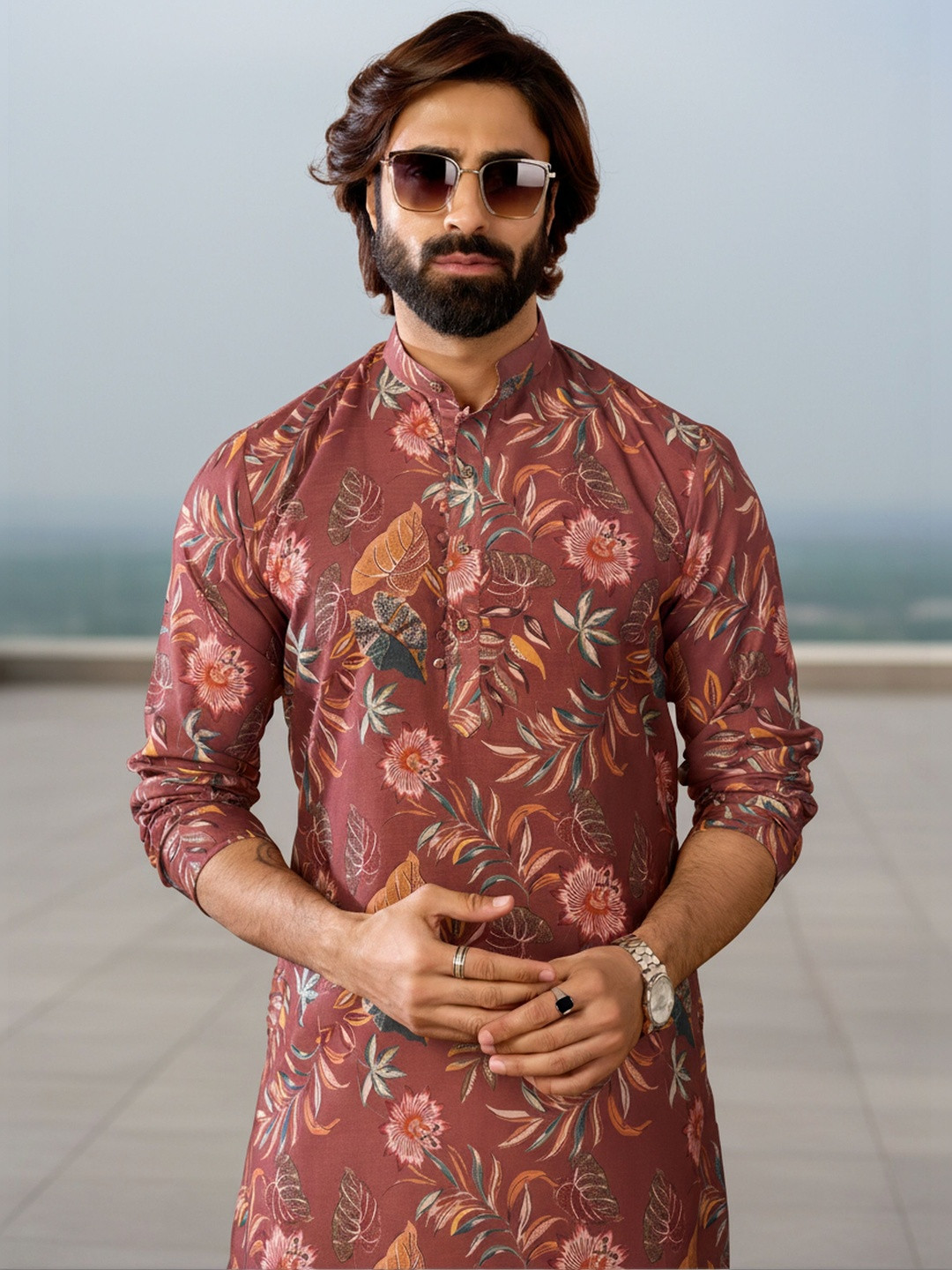 RANGRAAG Floral Printed Mandarin Collar Kurta