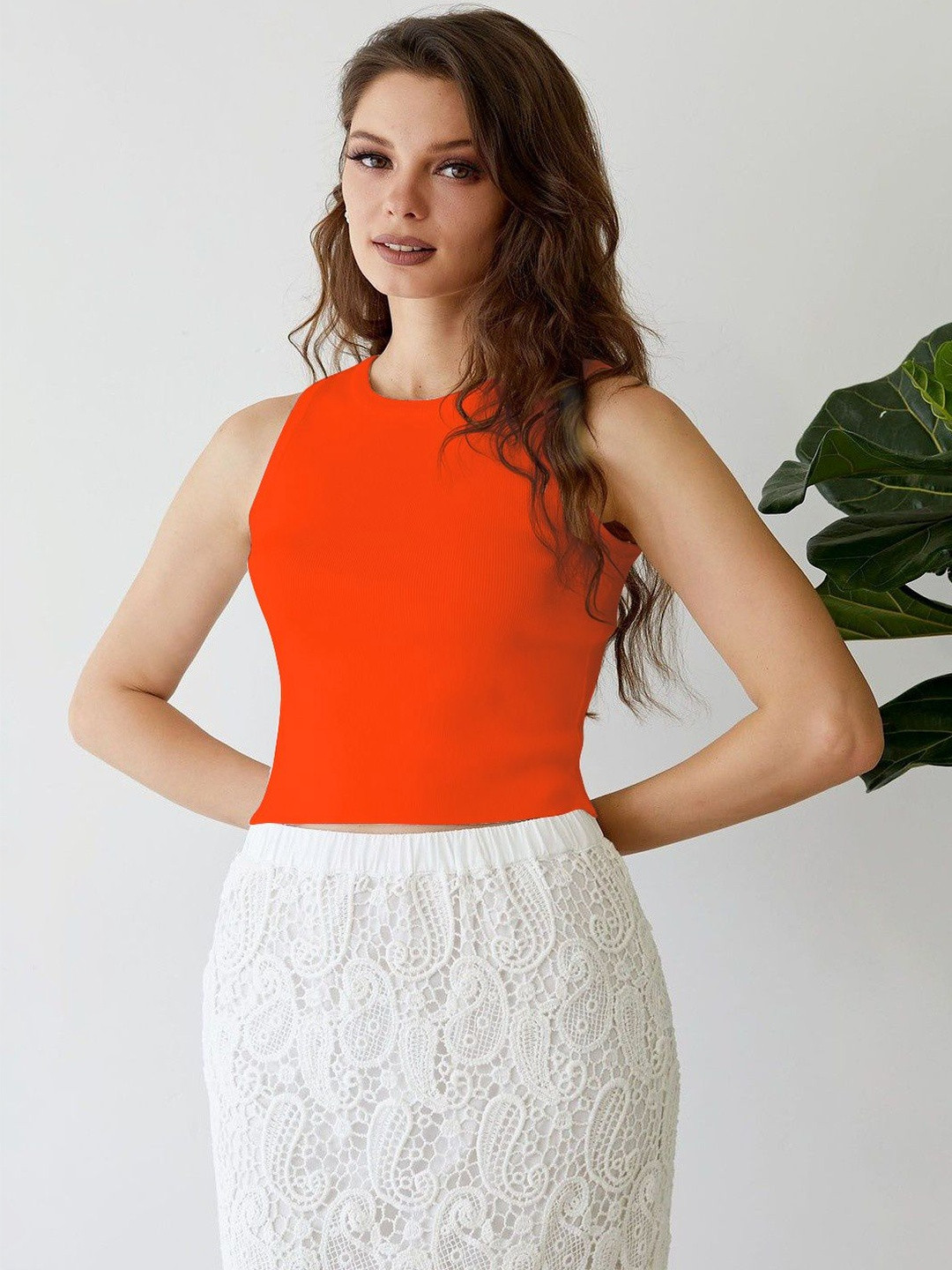 Orange Sleeveless Ribbed Crop Tank Top