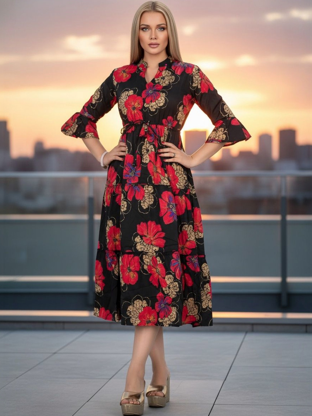 Moda Rapido Floral Print Flared Sleeve Crepe Fit & Flare Dress