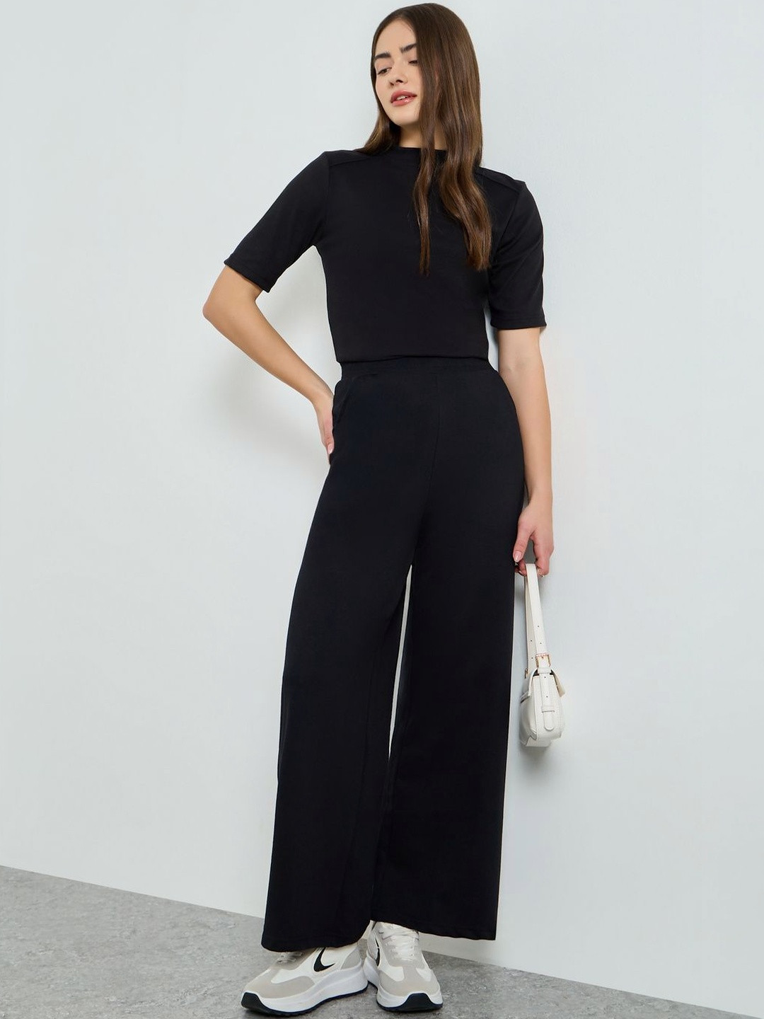 Styli Women Black Solid Wide Leg Training Cotton Joggers
