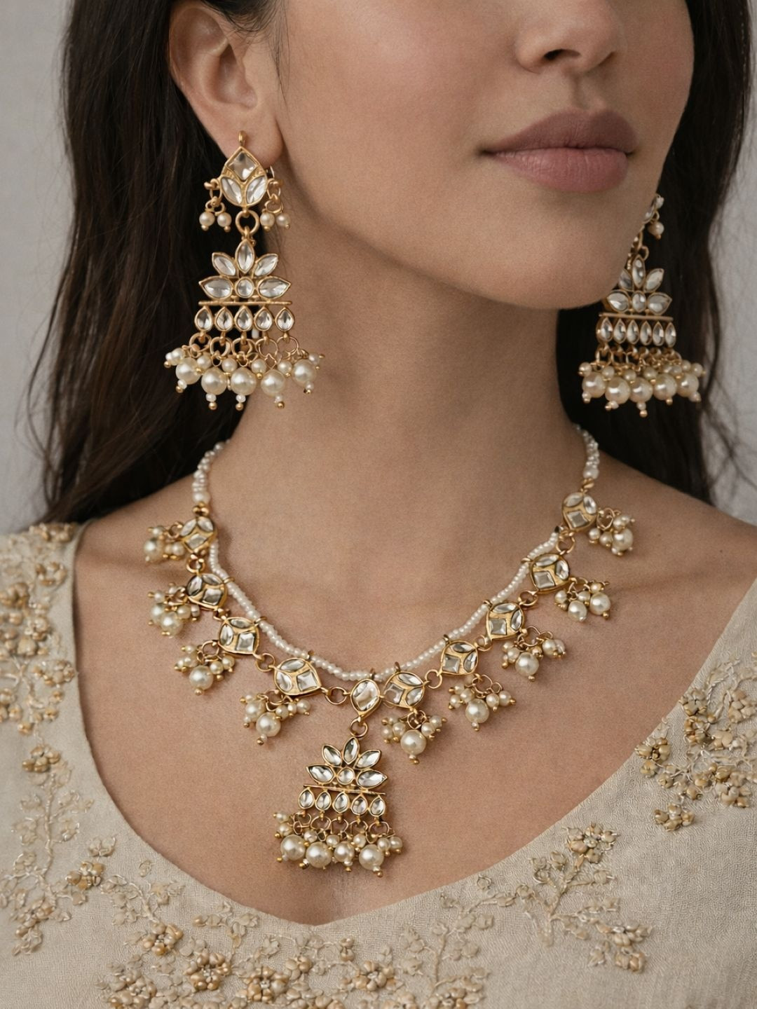 Zeviel Gold-Plated Antique Stone Studded & Beaded Necklace and Earrings