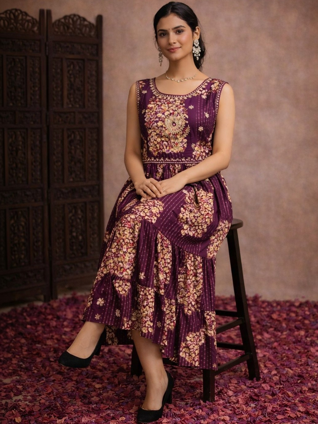 Sangria Printed Cotton Round Neck Fit & Flare Midi Dress