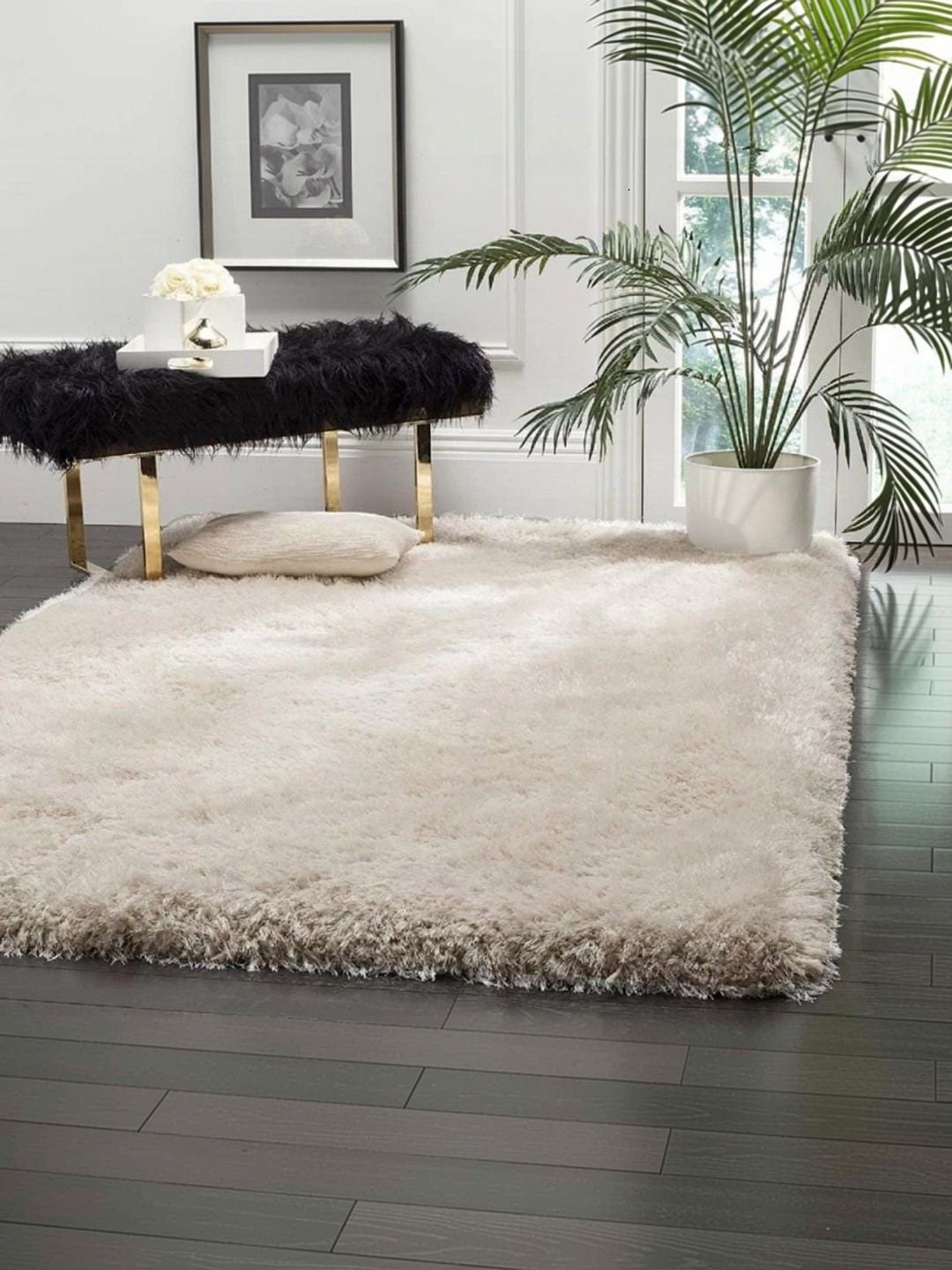 KAYNAT CARPET White Solid Shaggy Polypropylene Carpet