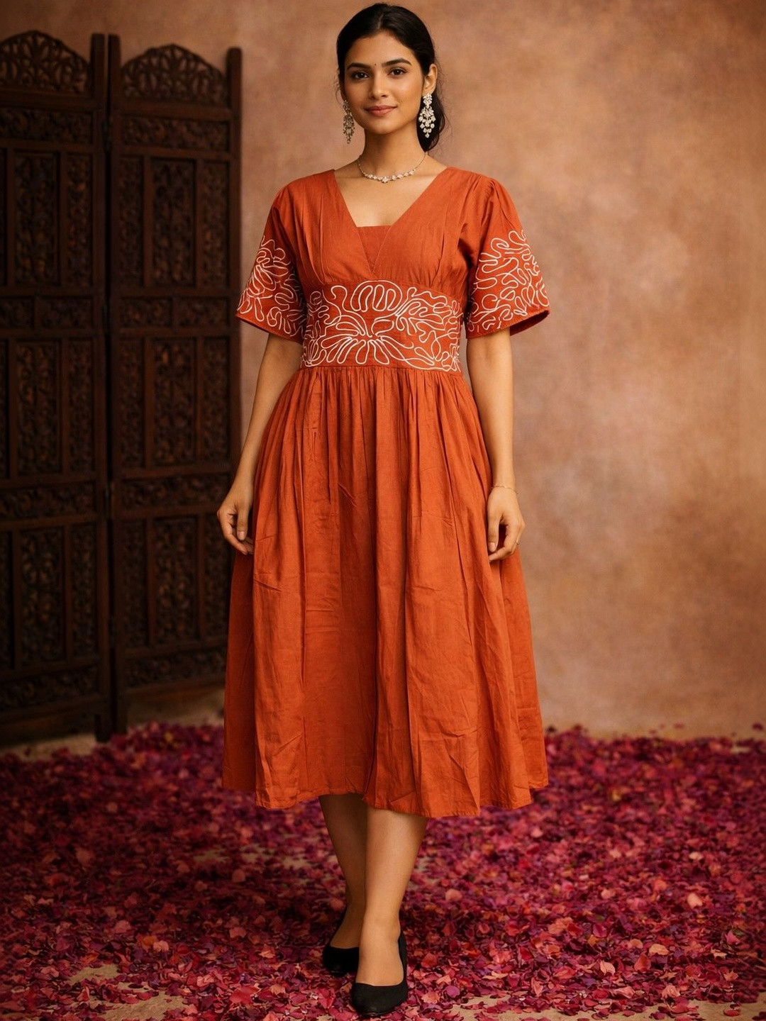 Aarika Embroidered Puff Sleeve Fit & Flare Dress